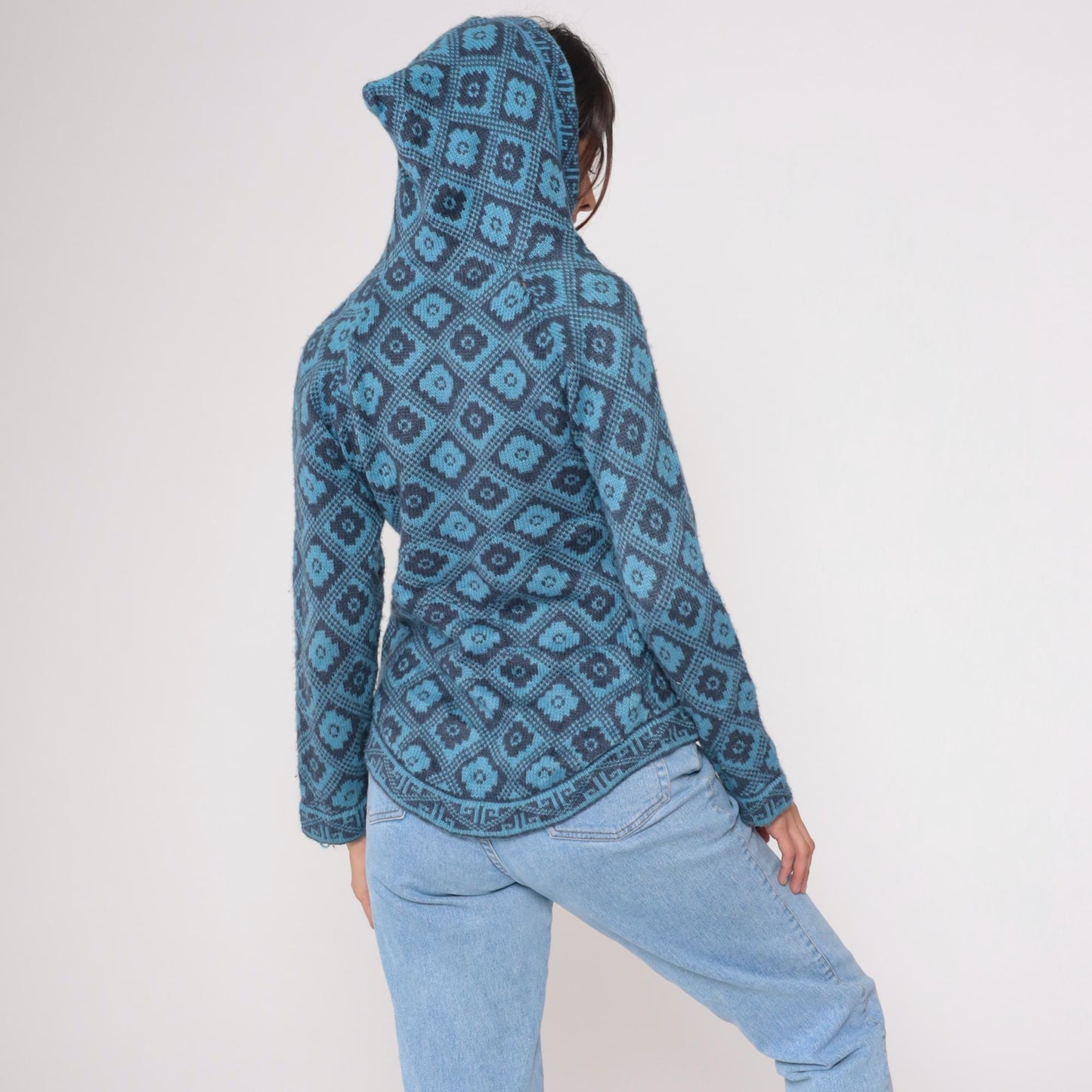 Y2K Slate Blue Geometric Southwest Hoodie Pullover Knit Medium M