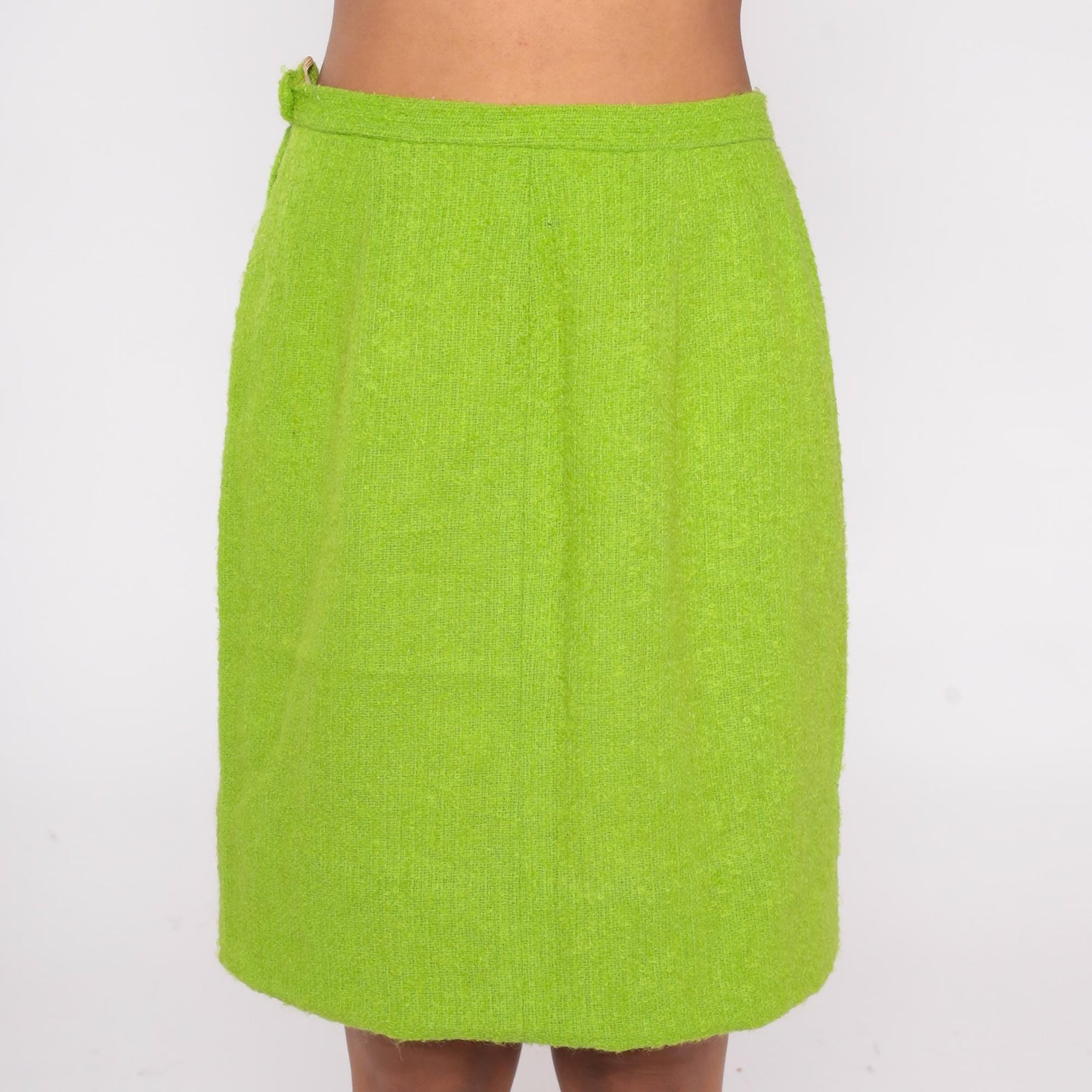60s Lime Green Wool Blend Skirt High Waist Knee Length Sheath Small
