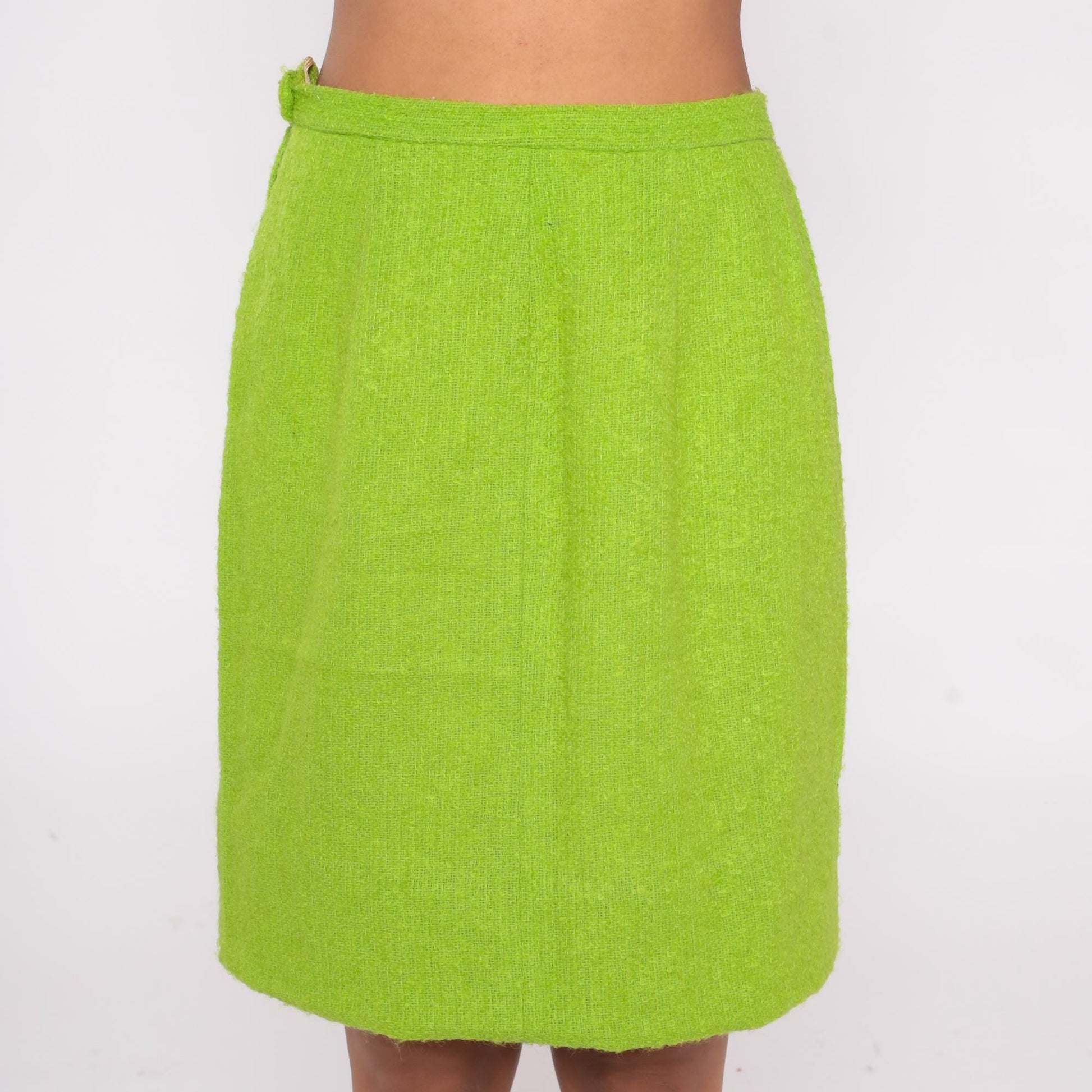 60s Lime Green Wool Blend Skirt High Waist Knee Length Sheath Small