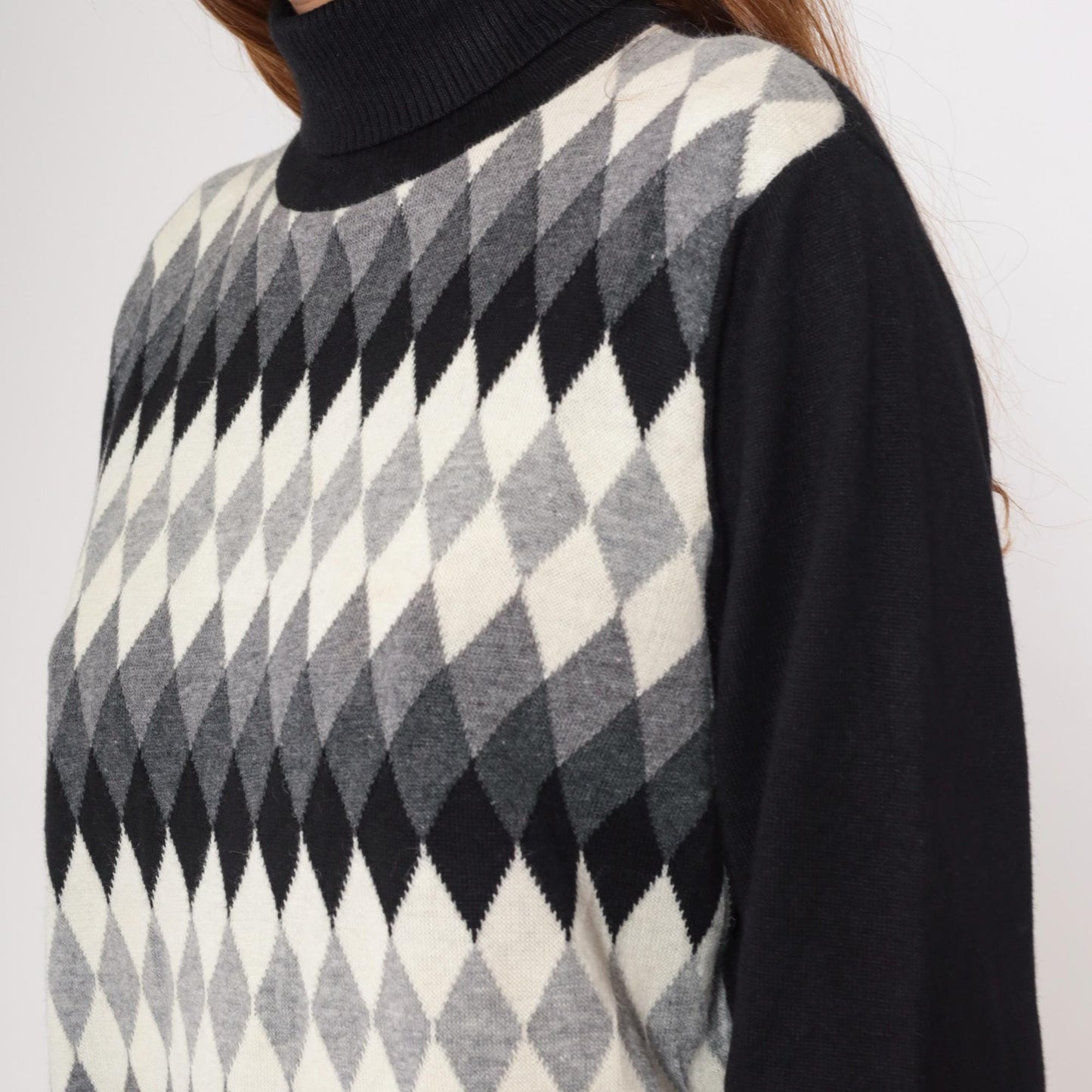 Y2K Argyle Turtleneck Sweater Black White Grey Diamond Knit Large L