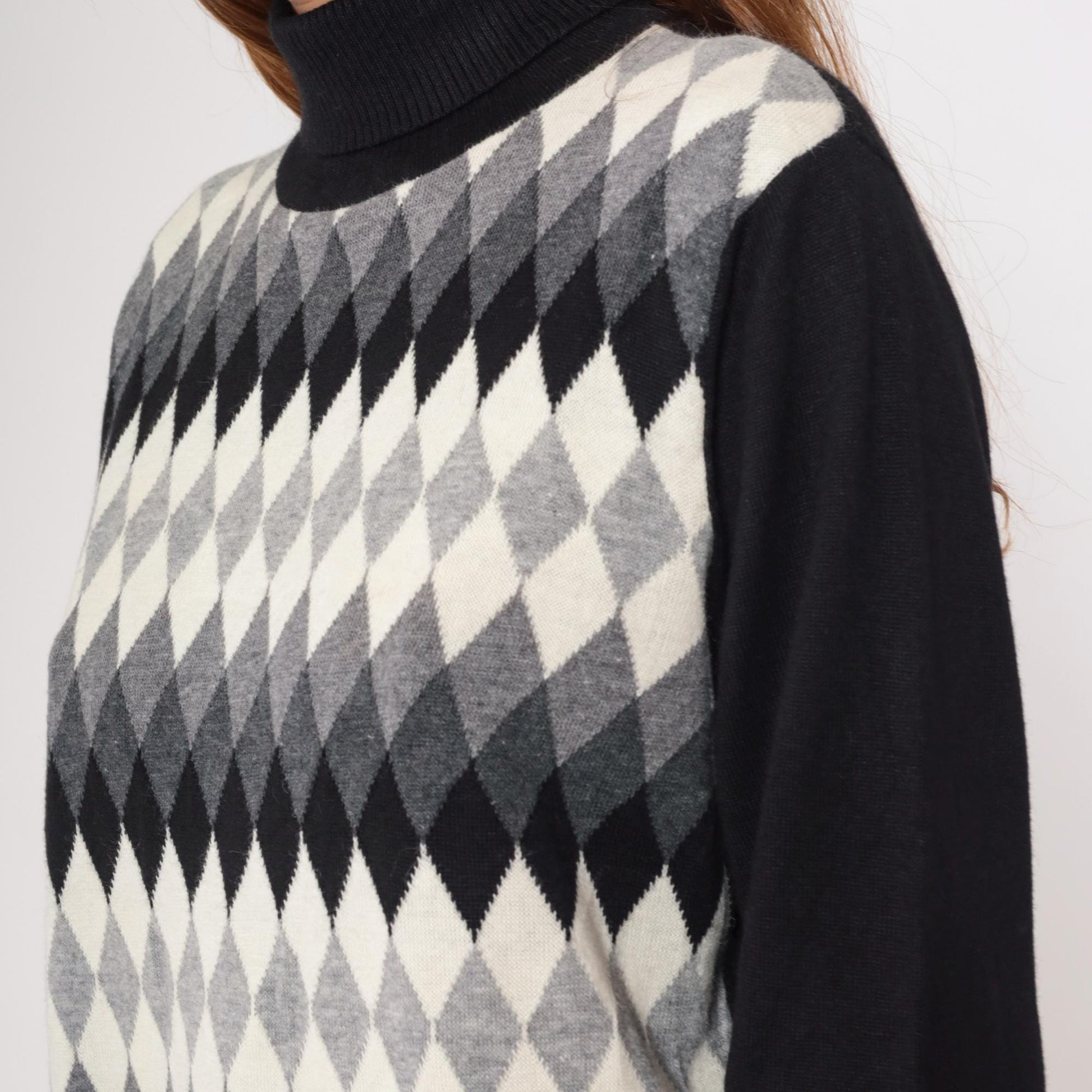 Y2K Argyle Turtleneck Sweater Black White Grey Diamond Knit Large L