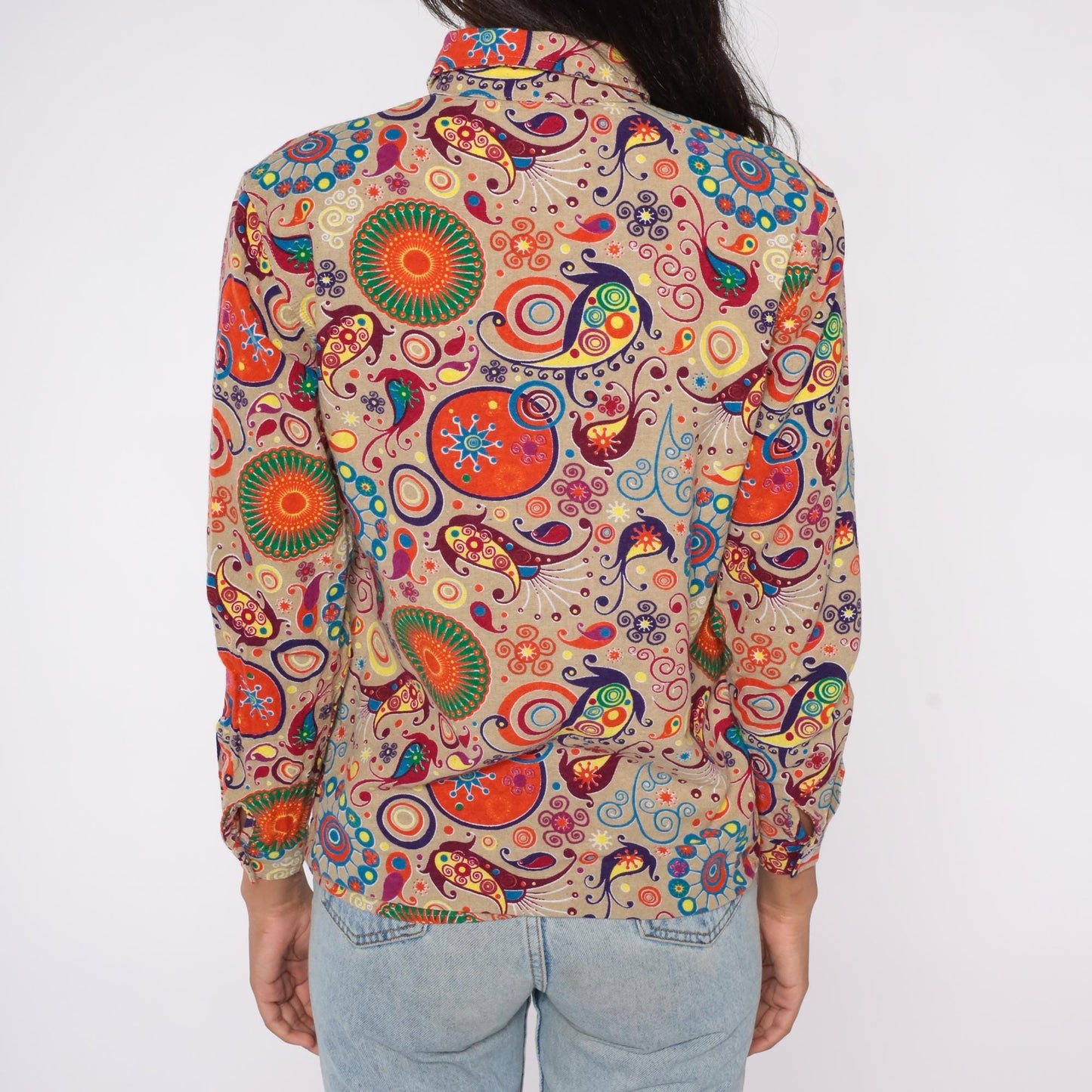 Y2K Psychedelic Button Down Shirt Beige Paisley Swirl Cotton Small S