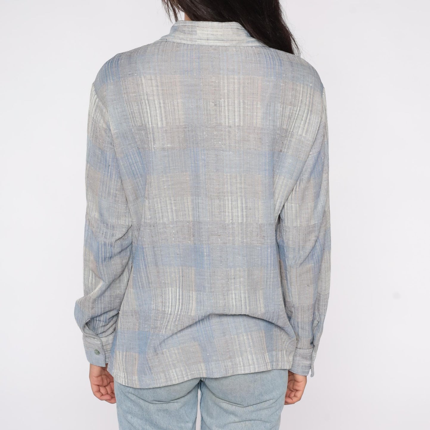 70s Joel Plaid Button-Down Shirt Blue Grey Polyester Long Sleeve Extra Large XL