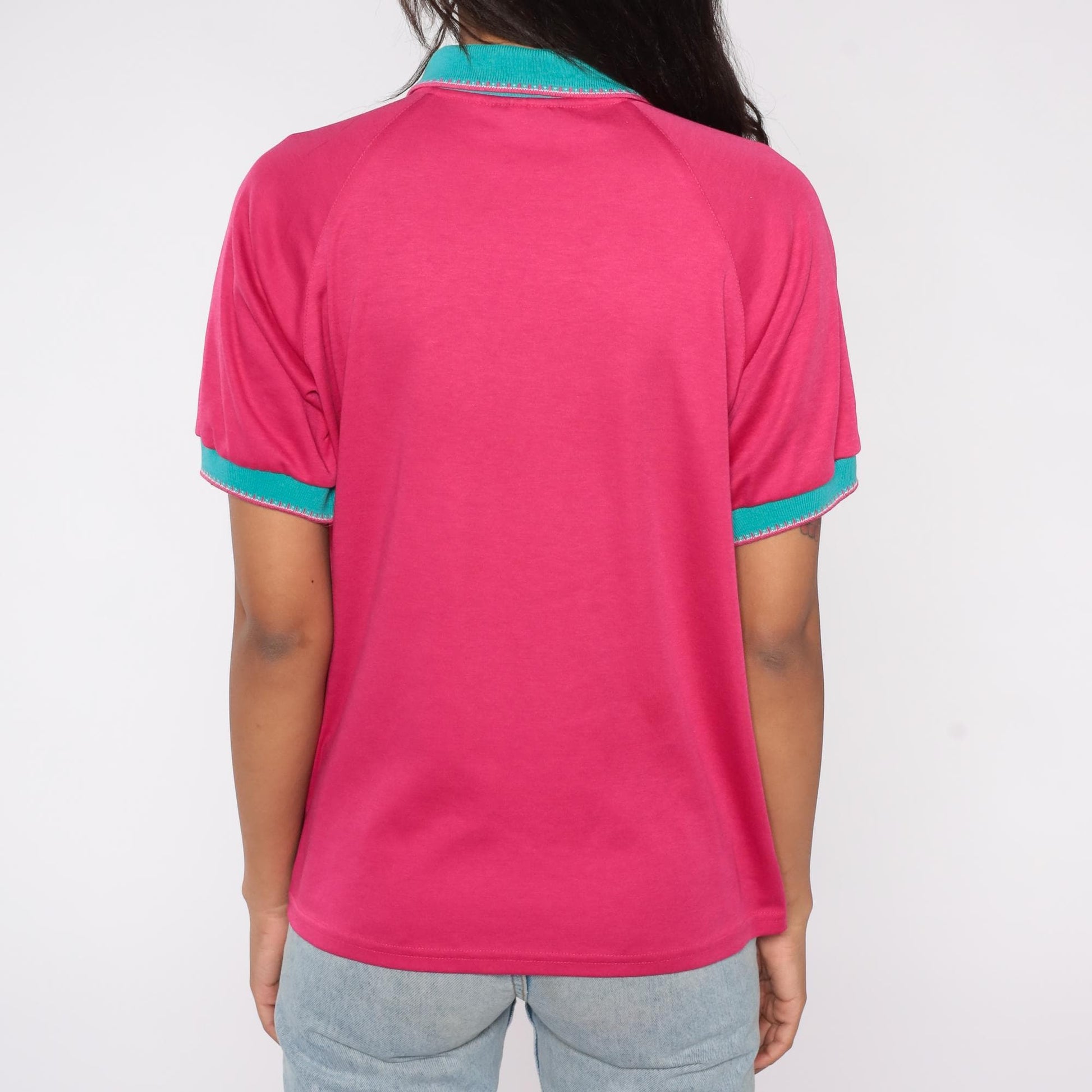 90s Bette & Court Hot Pink Polo Shirt Teal Trim Golf EWG Large L