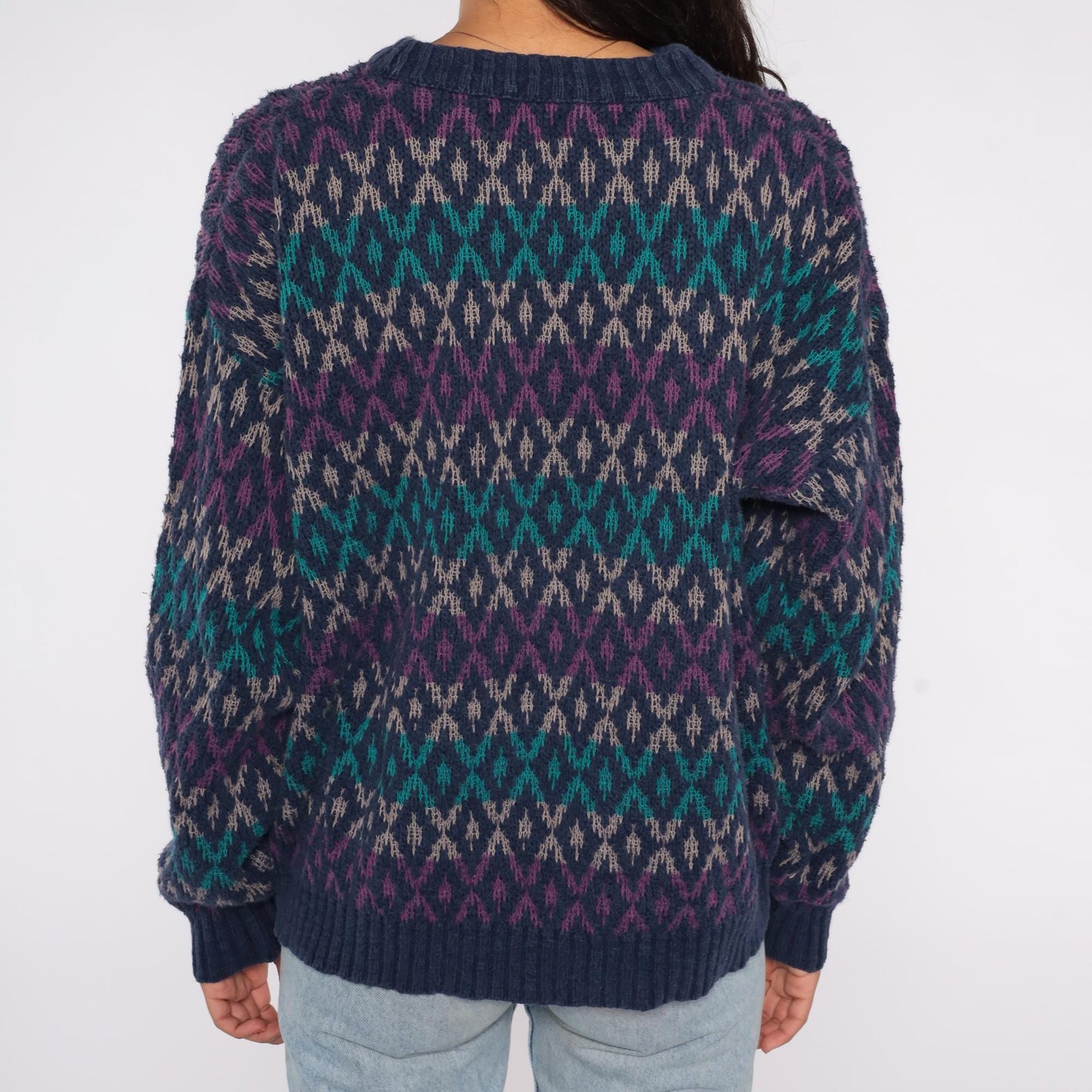 90s Patrick James Geometric Diamond Sweater Navy Teal Purple Cotton XL