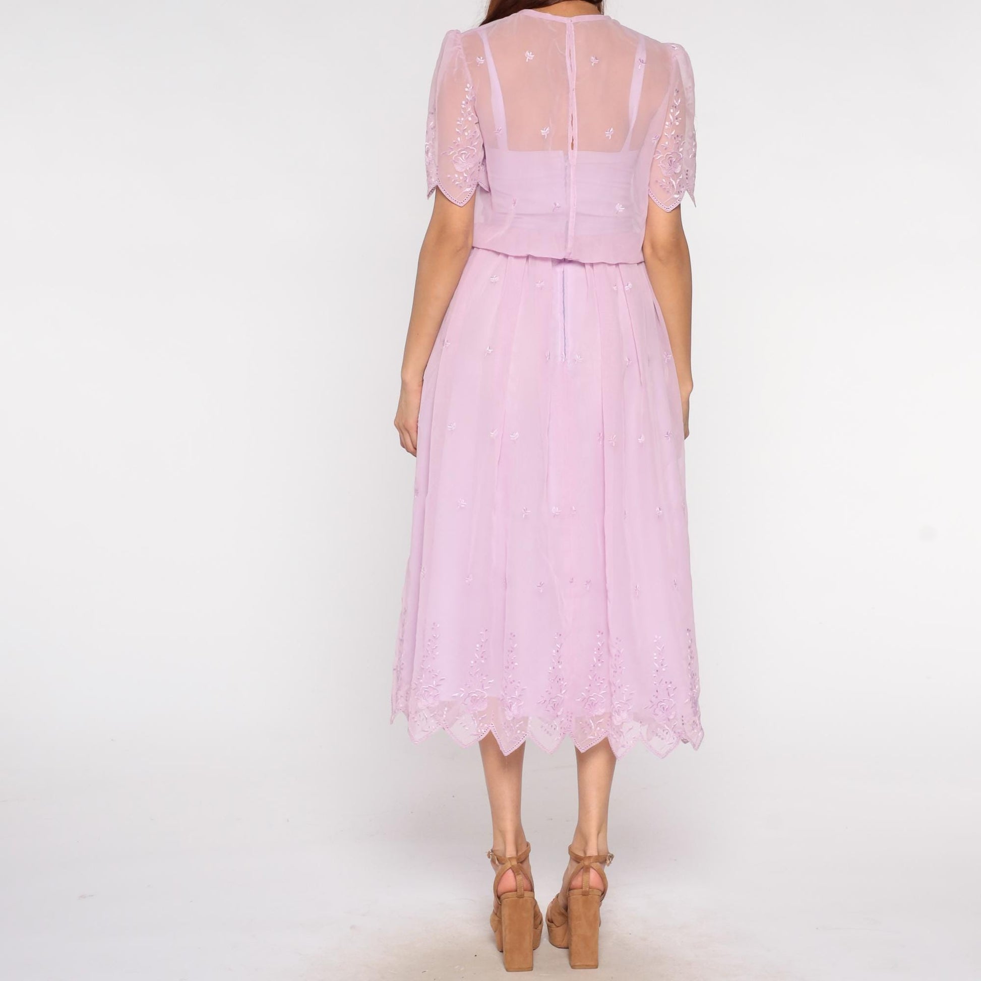 70s Lavender Prairie Dress Sheer Embroidered Midi Floral Scalloped Small