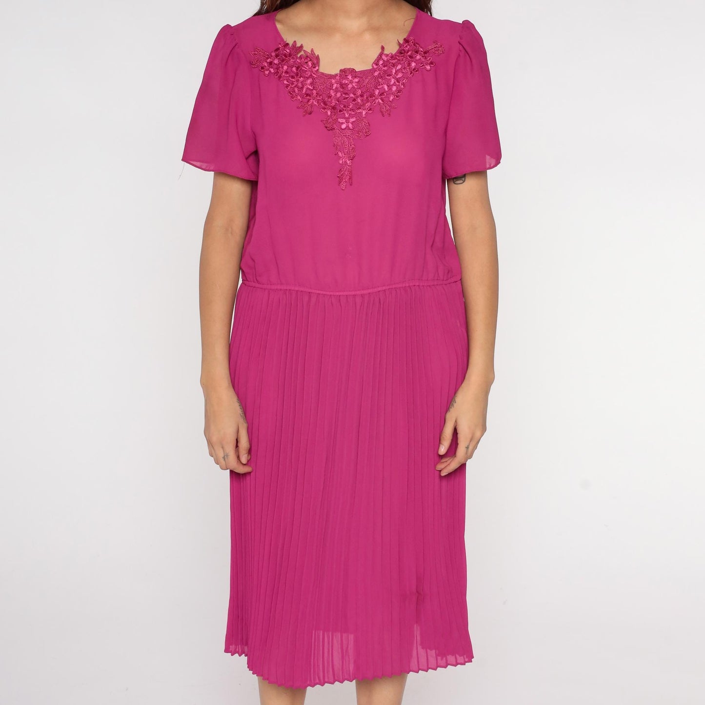 80s Mona Liza Magenta Pleated Midi Dress Puff Sleeve Floral Lace Large