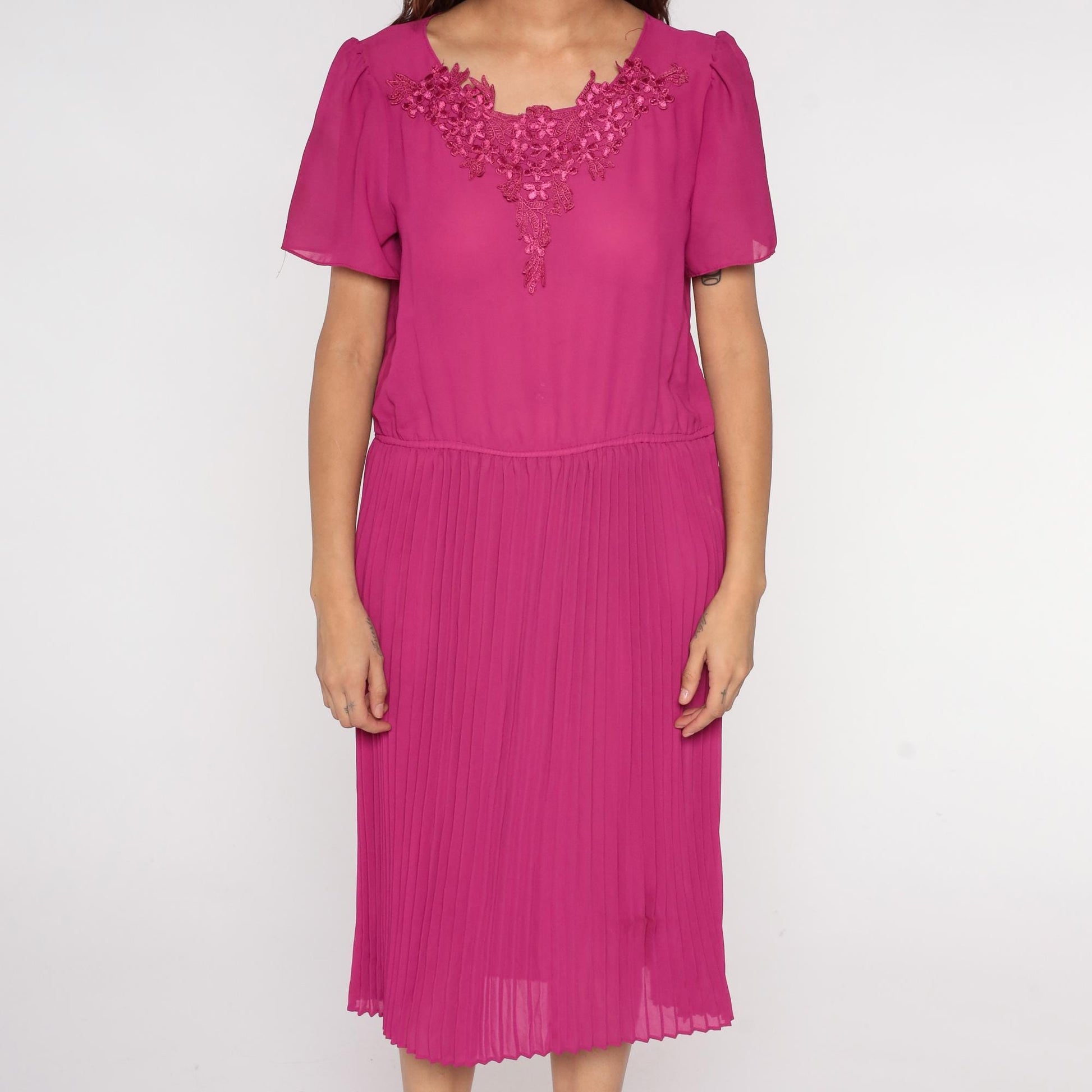80s Mona Liza Magenta Pleated Midi Dress Puff Sleeve Floral Lace Large