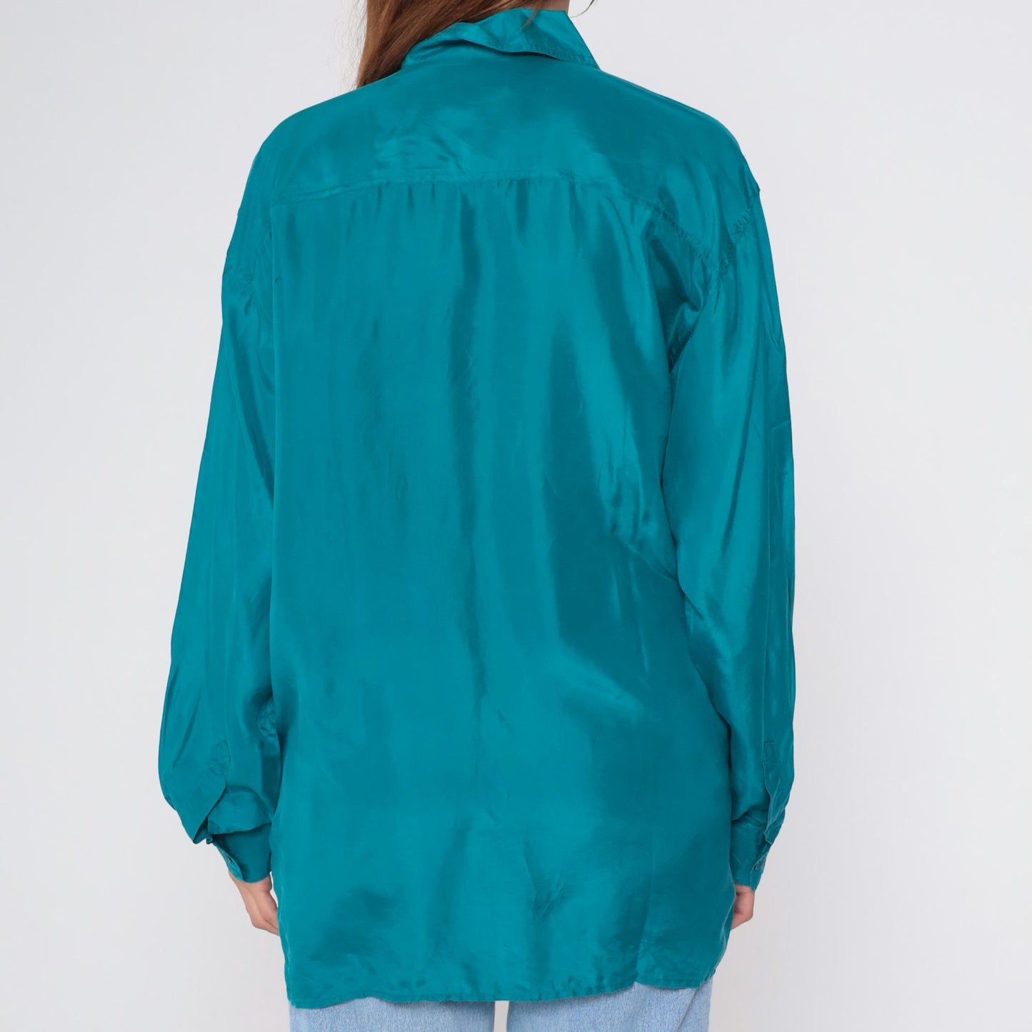 90s Olive Green Silk Button-Up Blouse Long Sleeve Chest Pocket Medium M