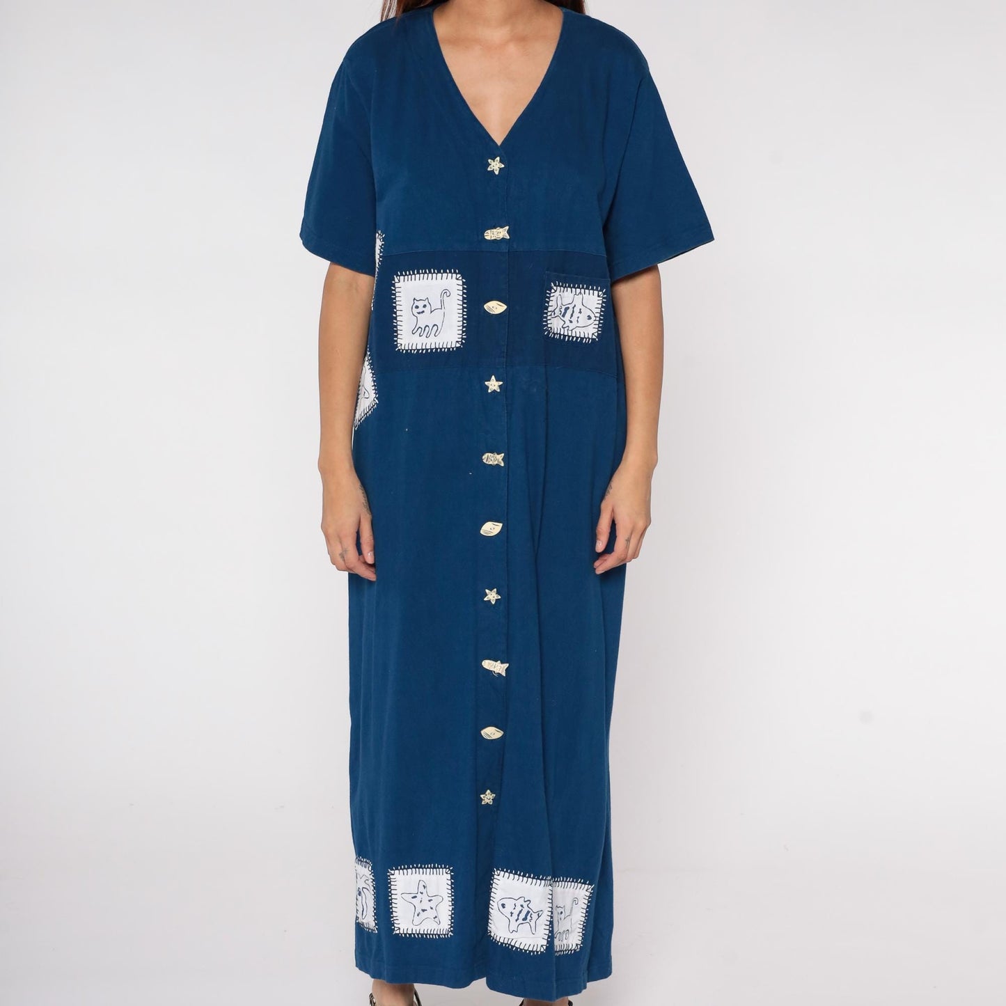 Y2K Navy Caftan Cat Fish Embroidered Button Front Maxi Cotton XL
