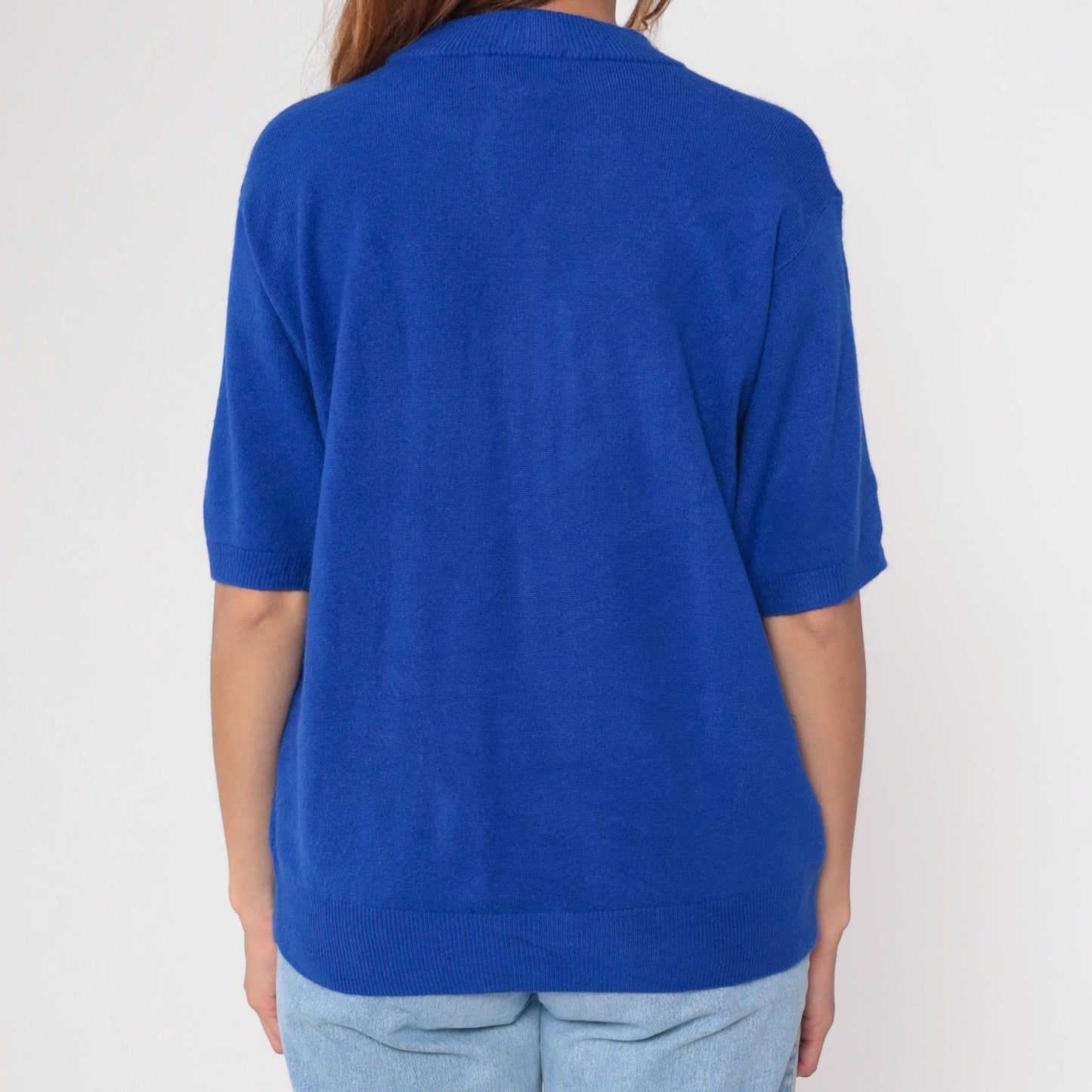 90s Royal Blue Crew Neck Short Sleeve Knit Sweater Large L
