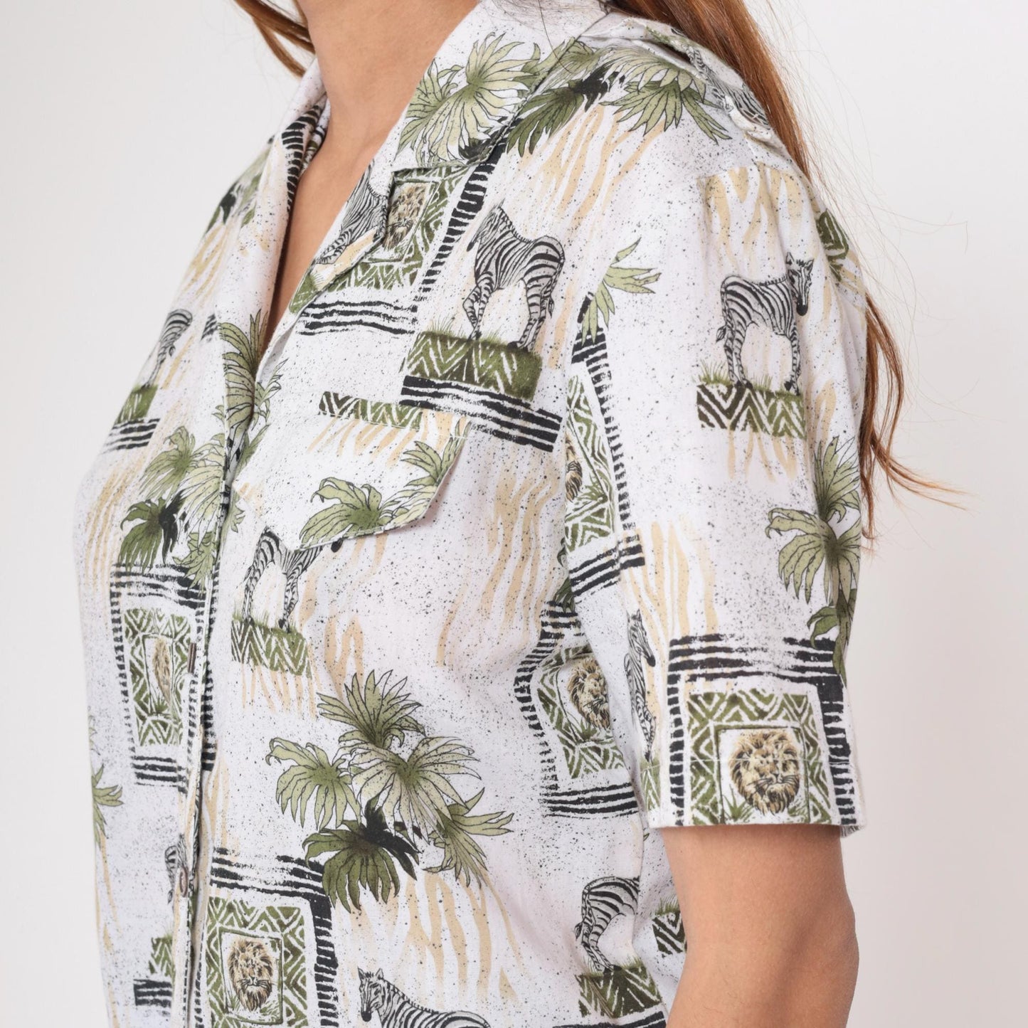 90s Safari Animal Print Button Down Shirt Zebra Lion Palm White Small