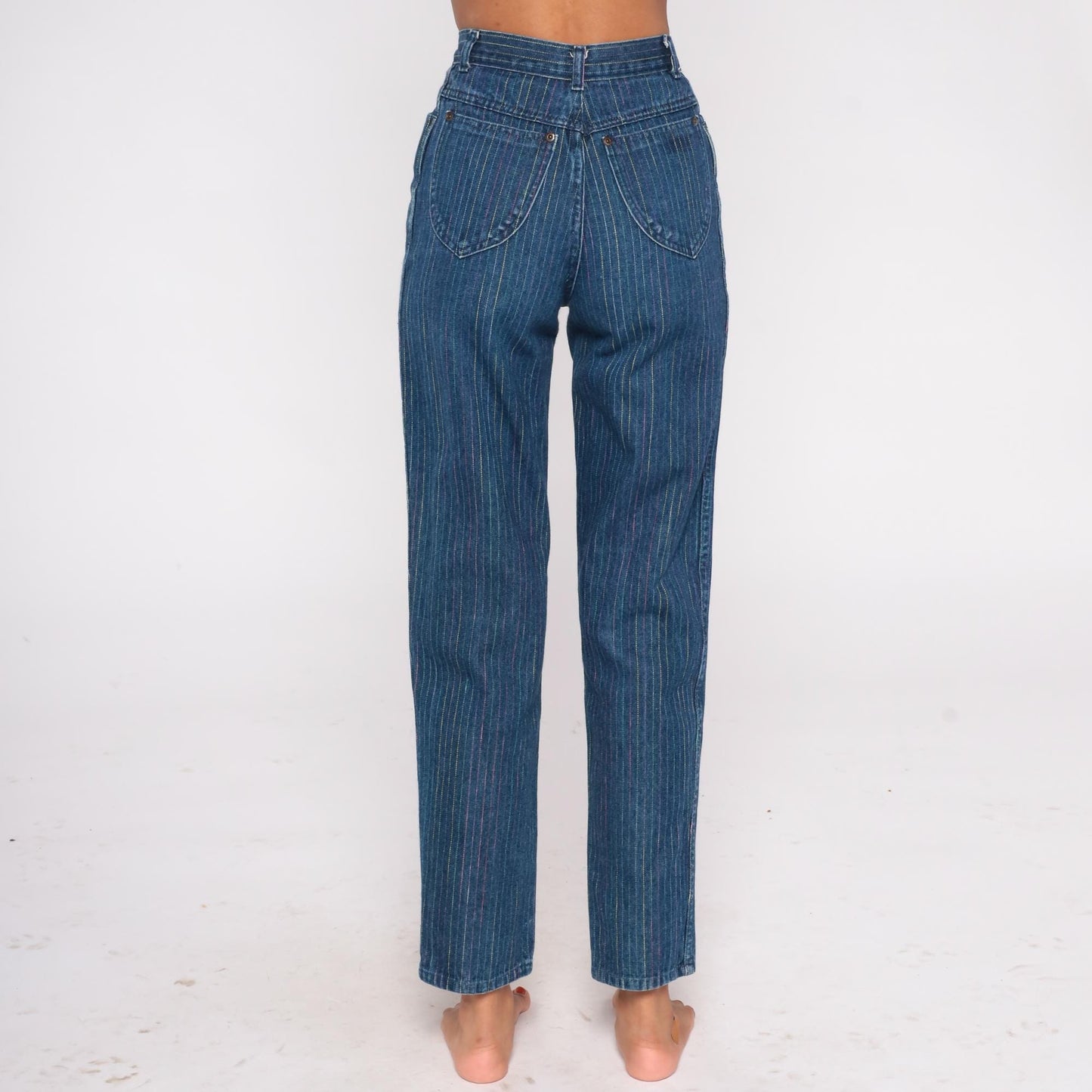 90s Rainbow Pinstripe High Waist Jeans Blue Multicolor Mom Denim Small S