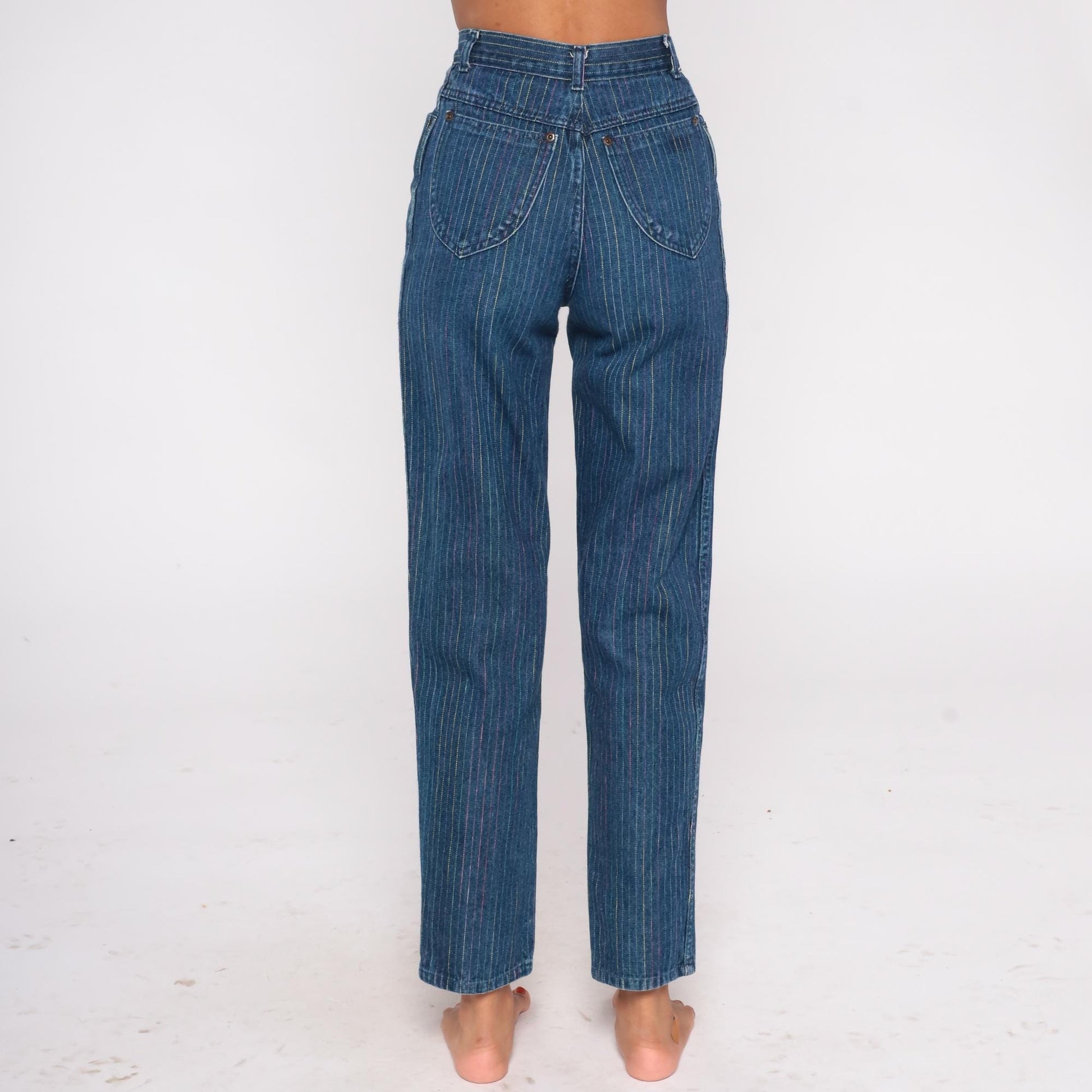 90s Rainbow Pinstripe High Waist Jeans Blue Multicolor Mom Denim Small S