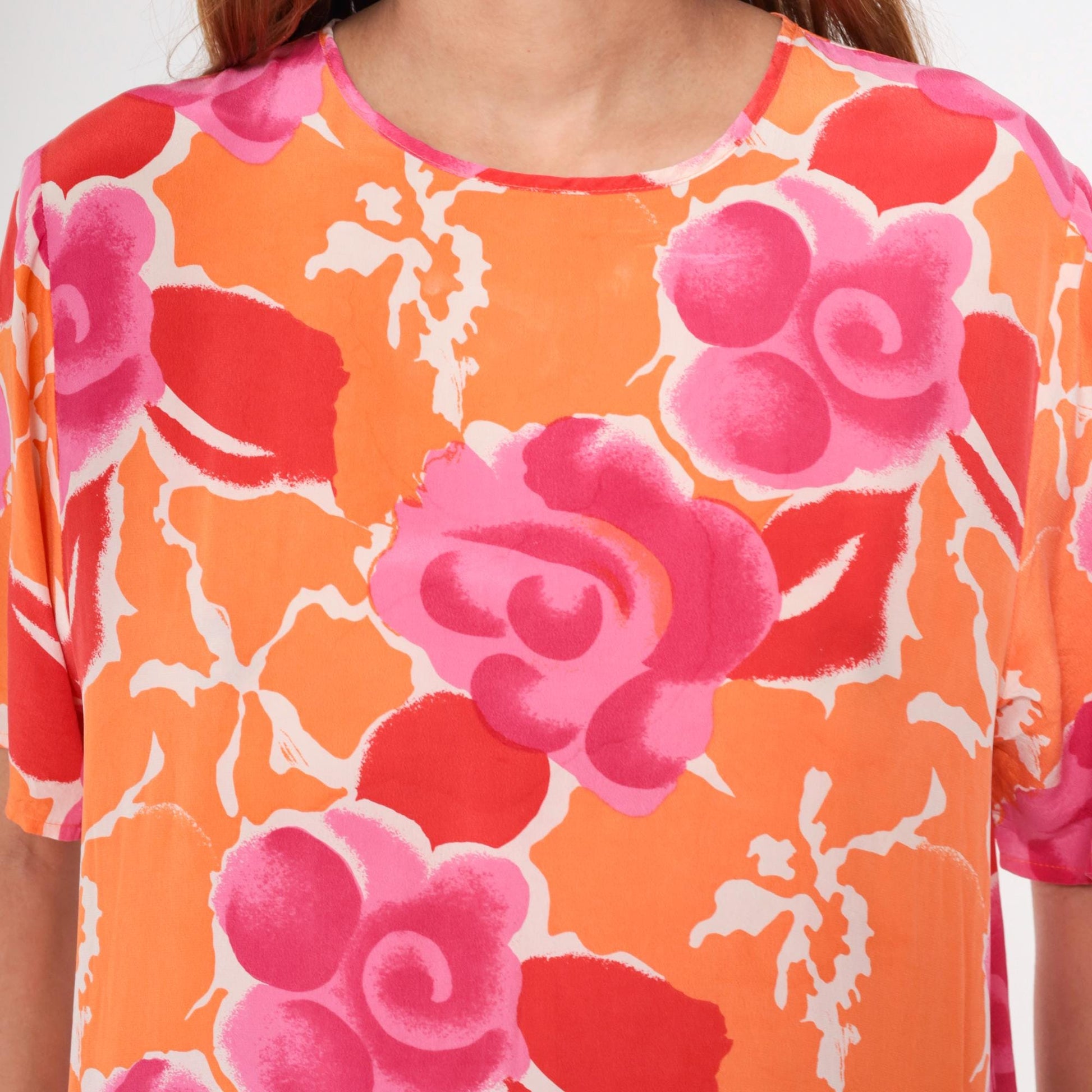 Y2K Christie and Jill Silk Blouse Floral Orange Pink Short Sleeve Medium M