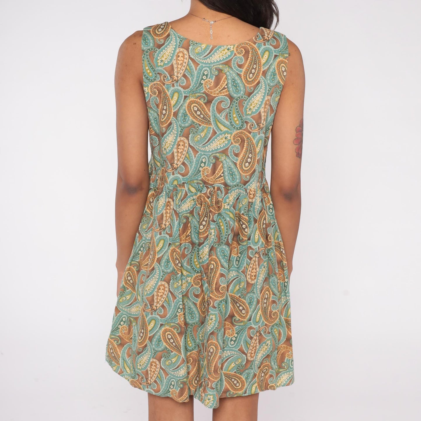 90s Paisley Mini Dress Brown Teal Gold Button Front Scoop Neck Medium M