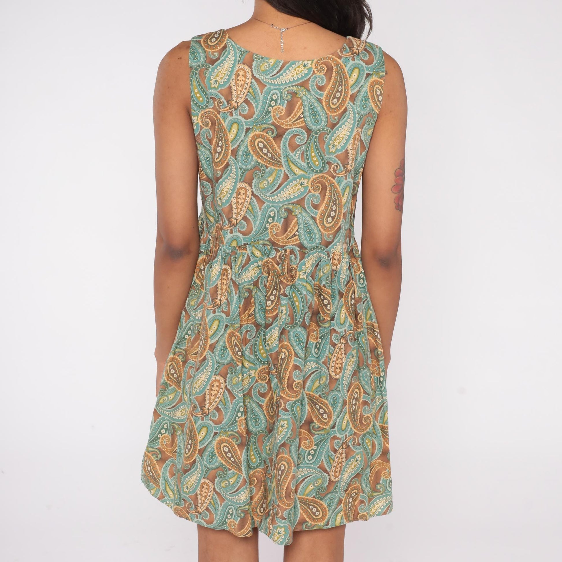 90s Paisley Mini Dress Brown Teal Gold Button Front Scoop Neck Medium M