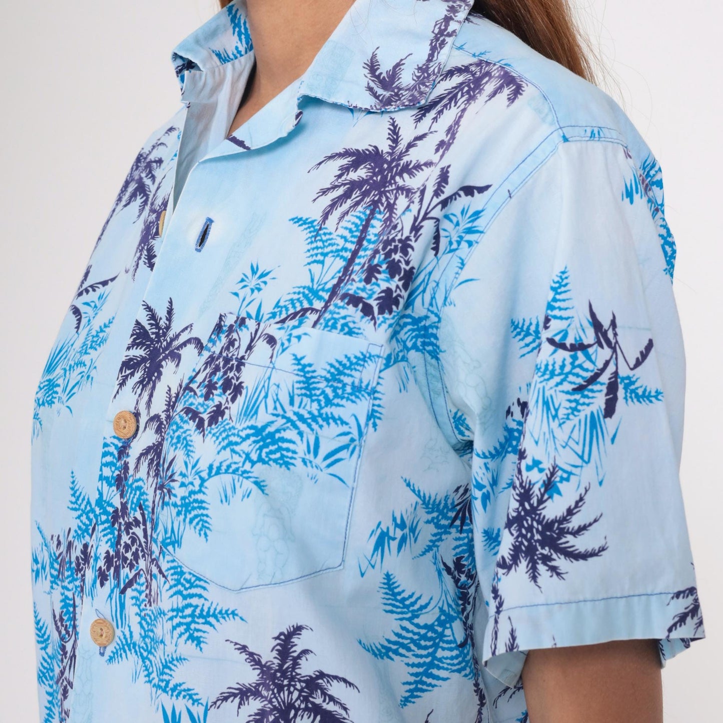 70s Tropicana Hawaiian Shirt Blue Palm Tree Fern Camp Collar Medium