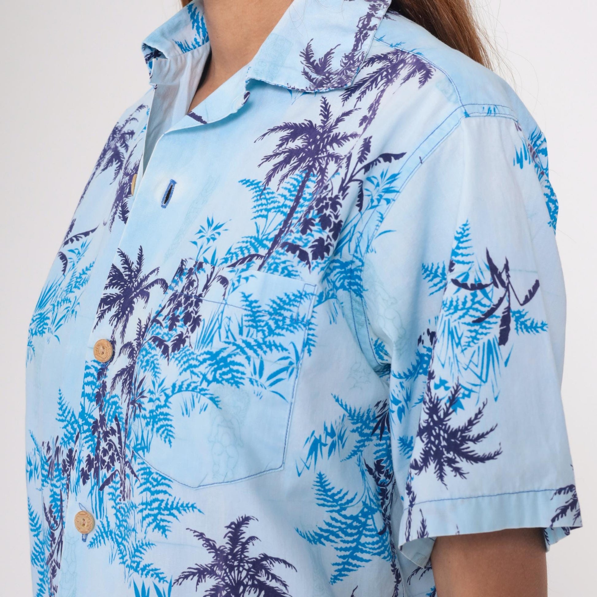 70s Tropicana Hawaiian Shirt Blue Palm Tree Fern Camp Collar Medium