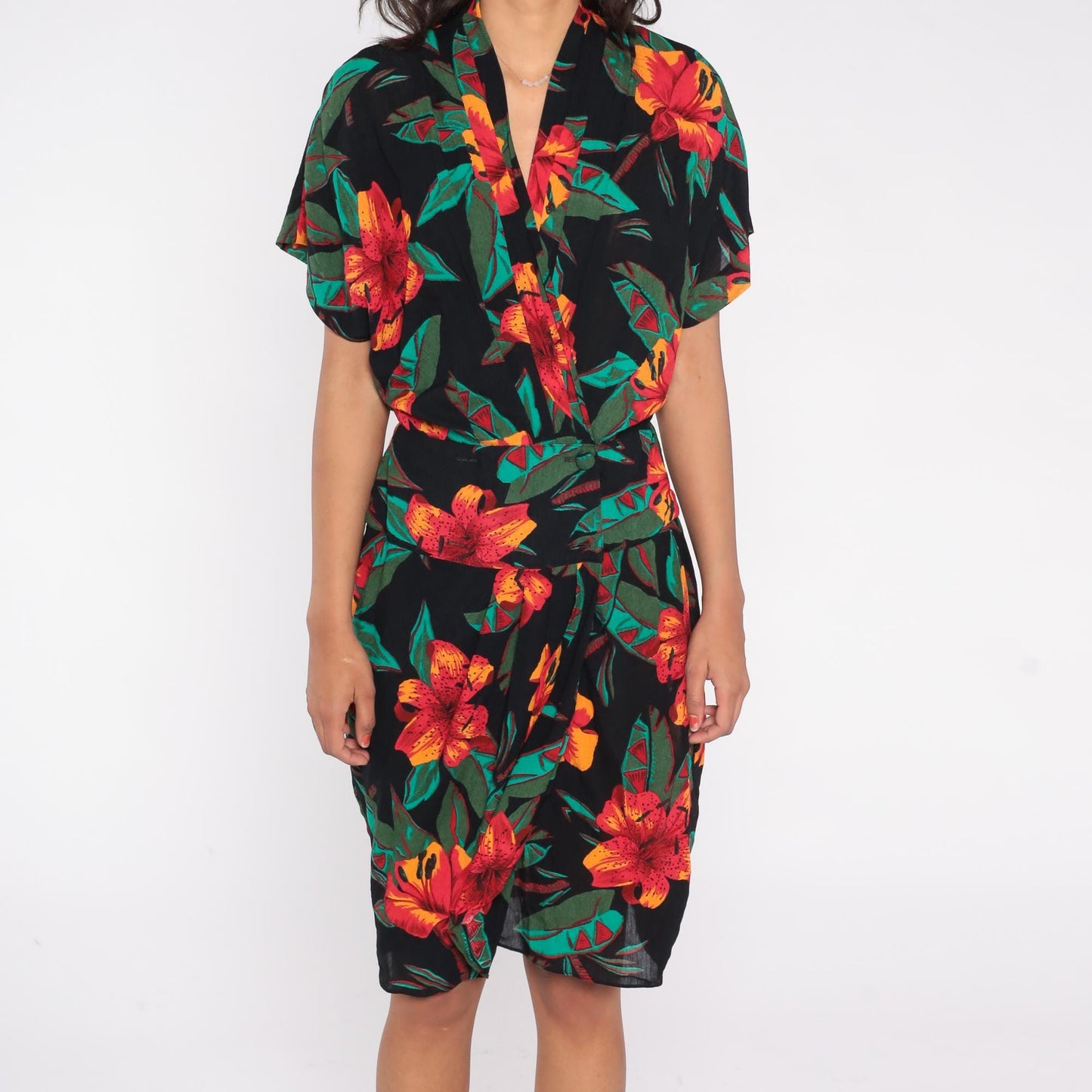 90s Casual Corner Tropical Floral Midi Wrap Dress Black Red Orange Green Medium