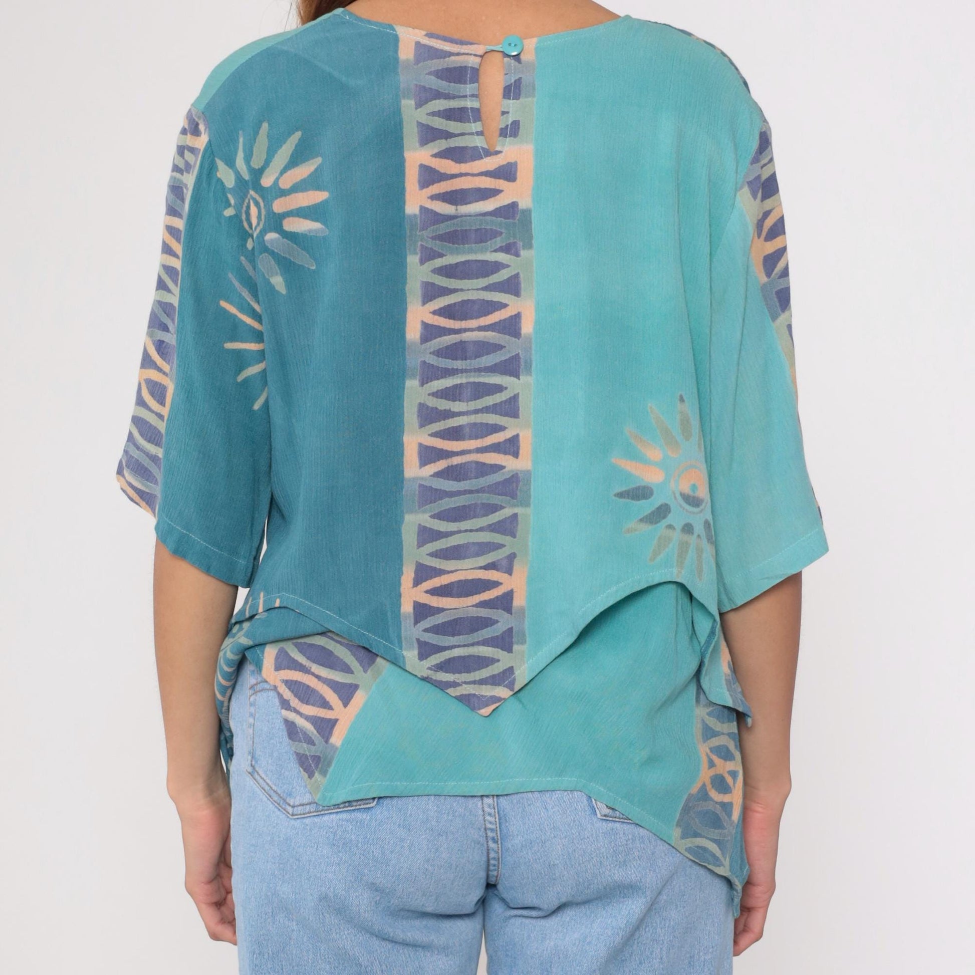 Y2K Silver Stream Teal Sun Print Asymmetric Layered Blouse Extra Large XL