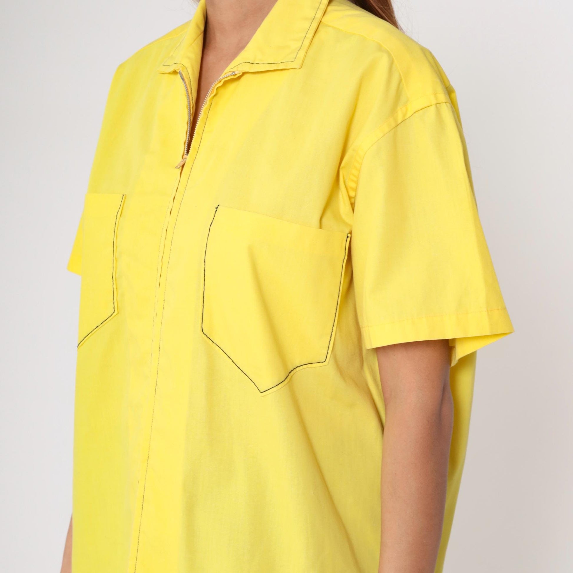 70s Yellow Zip-Front Work Shirt Cotton Blend Utility Pockets Extra Large XL