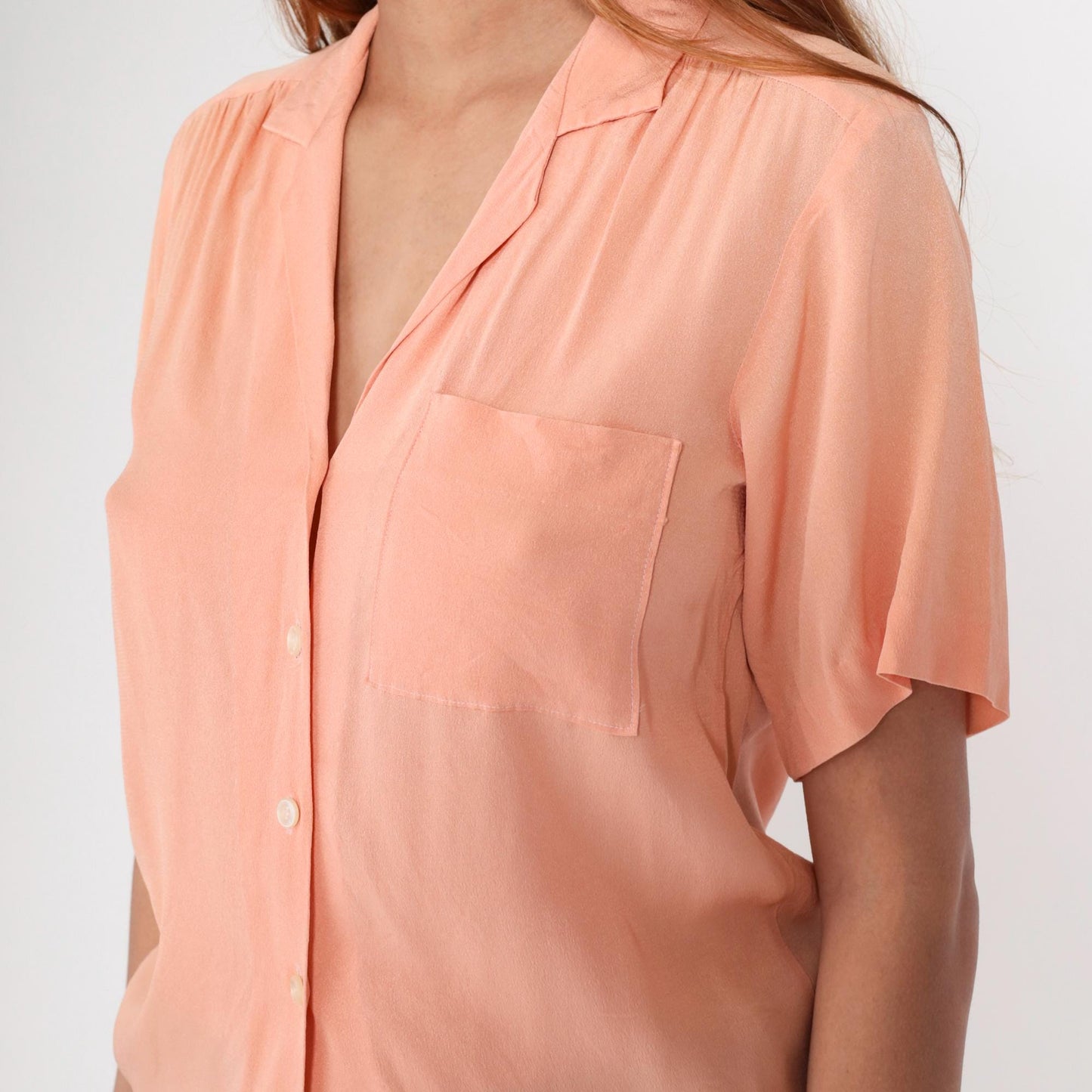50s Peach Button-Down Blouse Rayon Blend V-Neck Short Sleeve Small