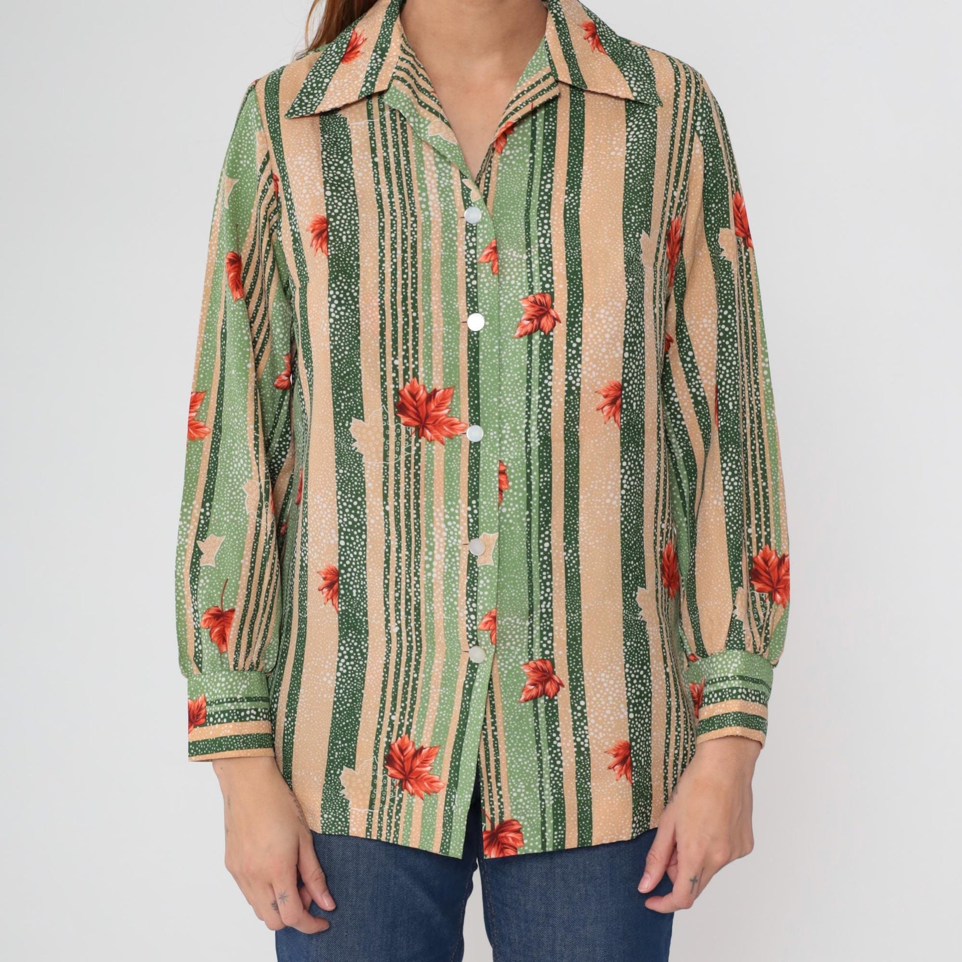 70s Pykettes Maple Leaf Striped Button-Up Blouse Green Peach Medium M