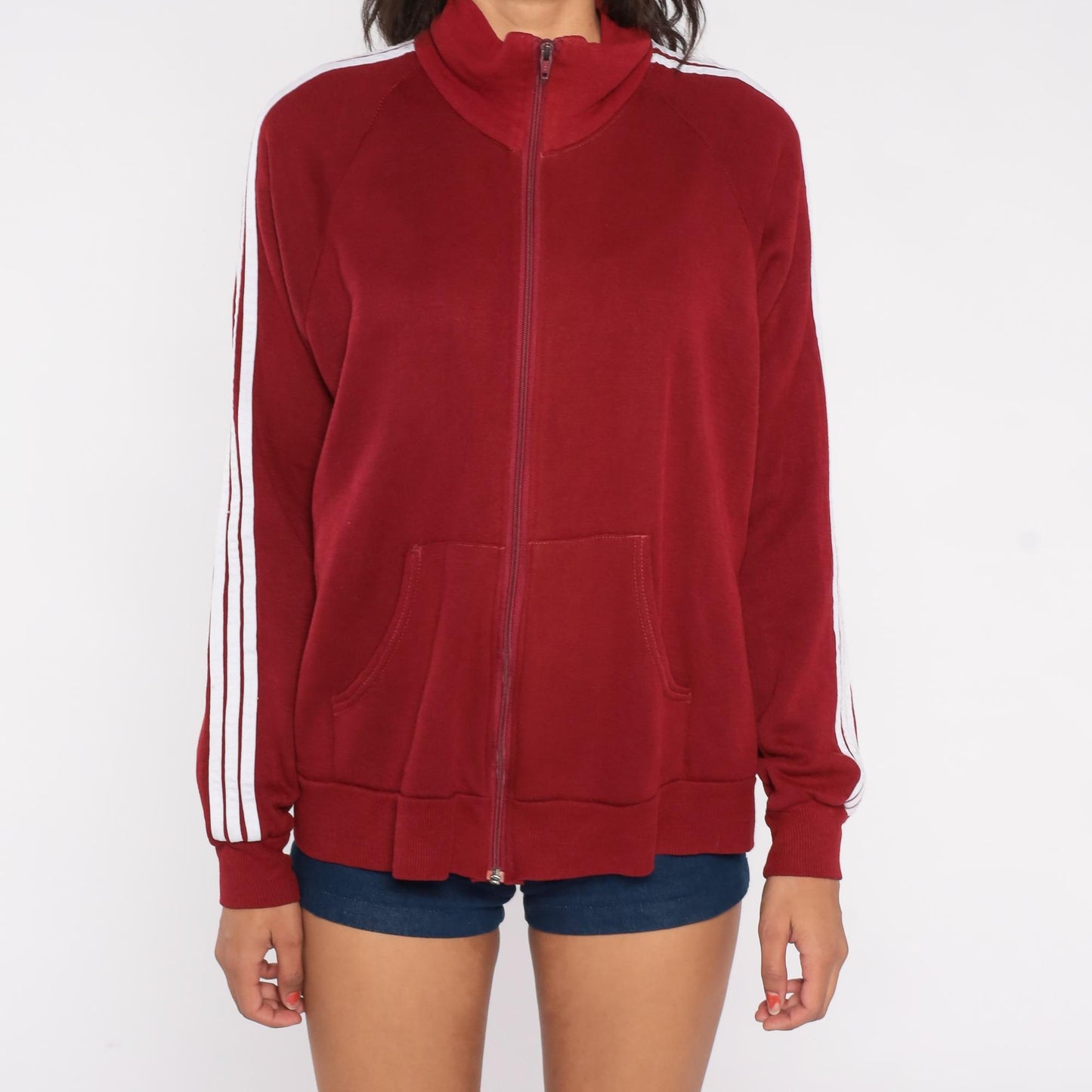 80s Red Track Jacket White Stripe Zip Front Raglan High Collar Large L