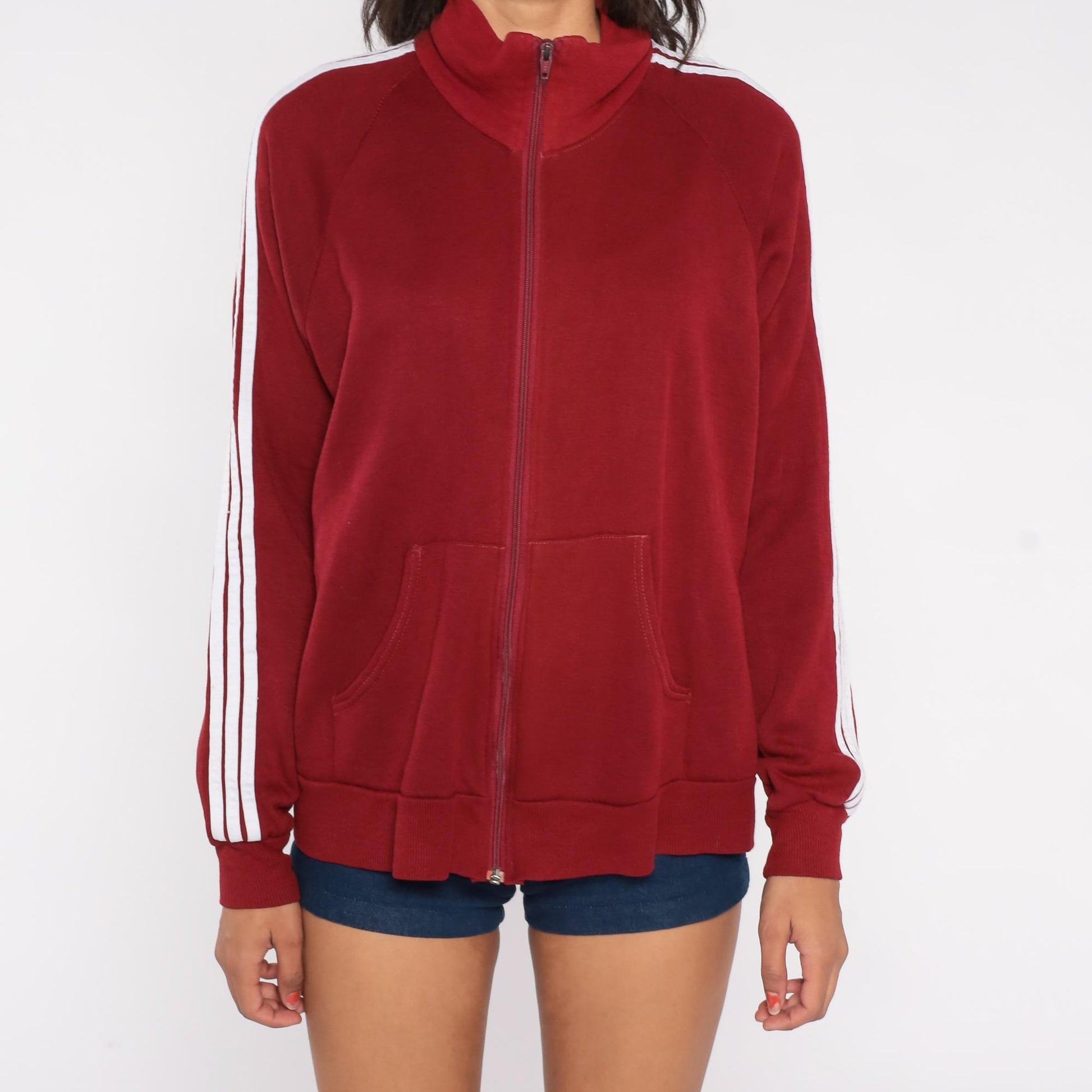 80s Red Track Jacket White Stripe Zip Front Raglan High Collar Large L