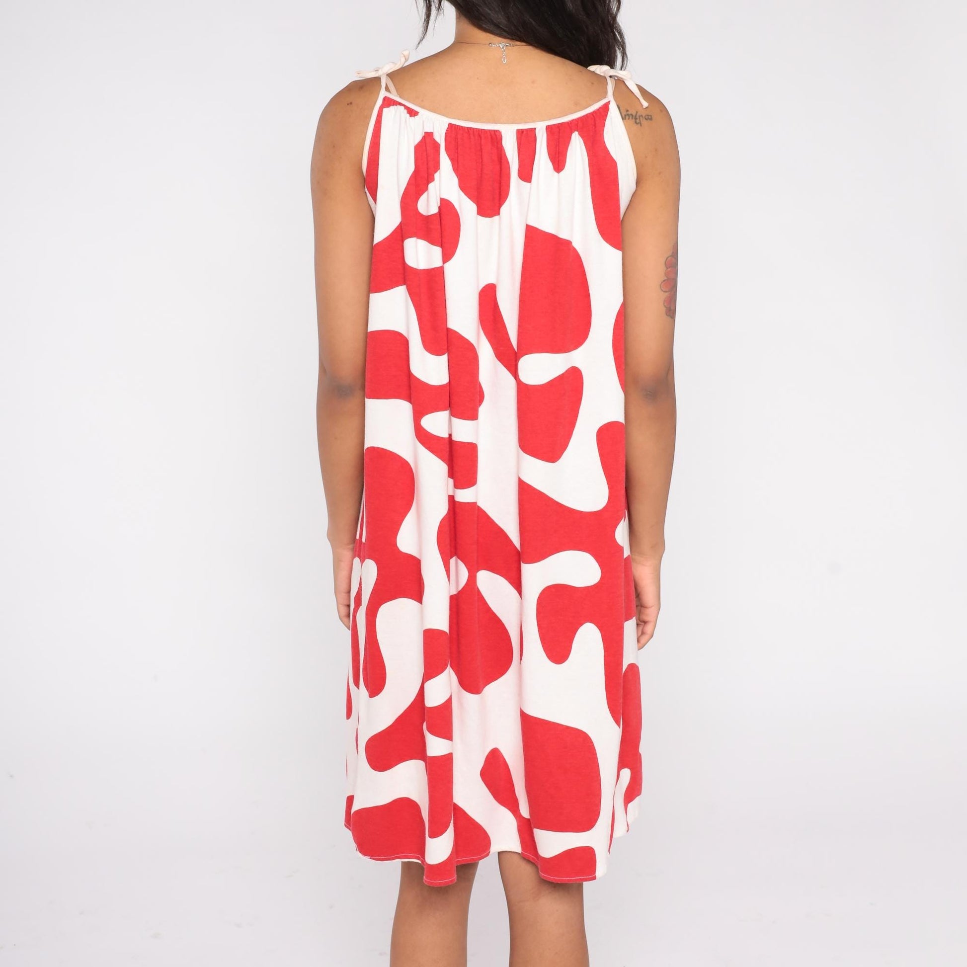 80s Abstract Red White Midi Dress Tie Shoulder Trapeze Sleeveless Small