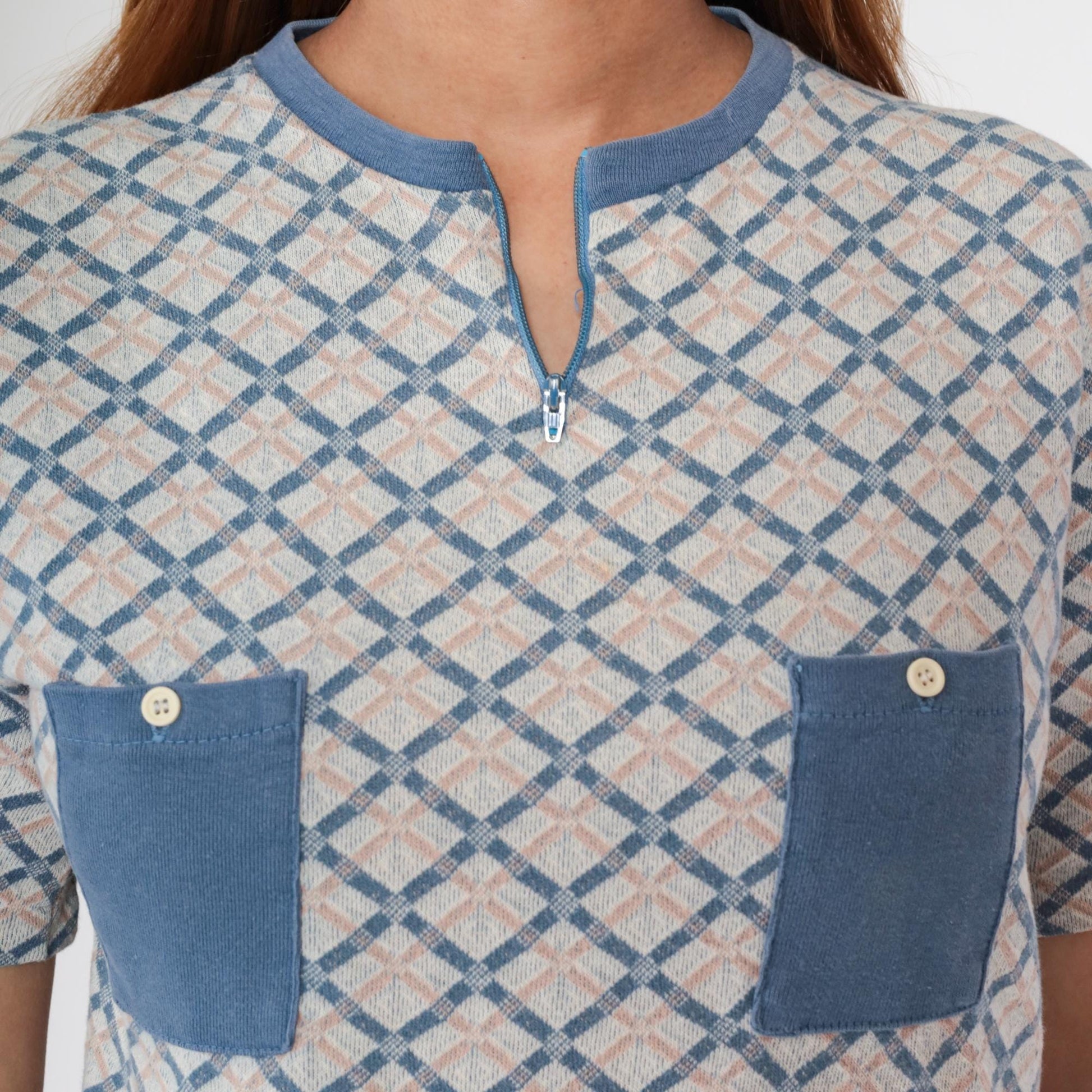 70s Mr. Alfred Diamond Knit Henley Pullover Blue Peach Cream Medium
