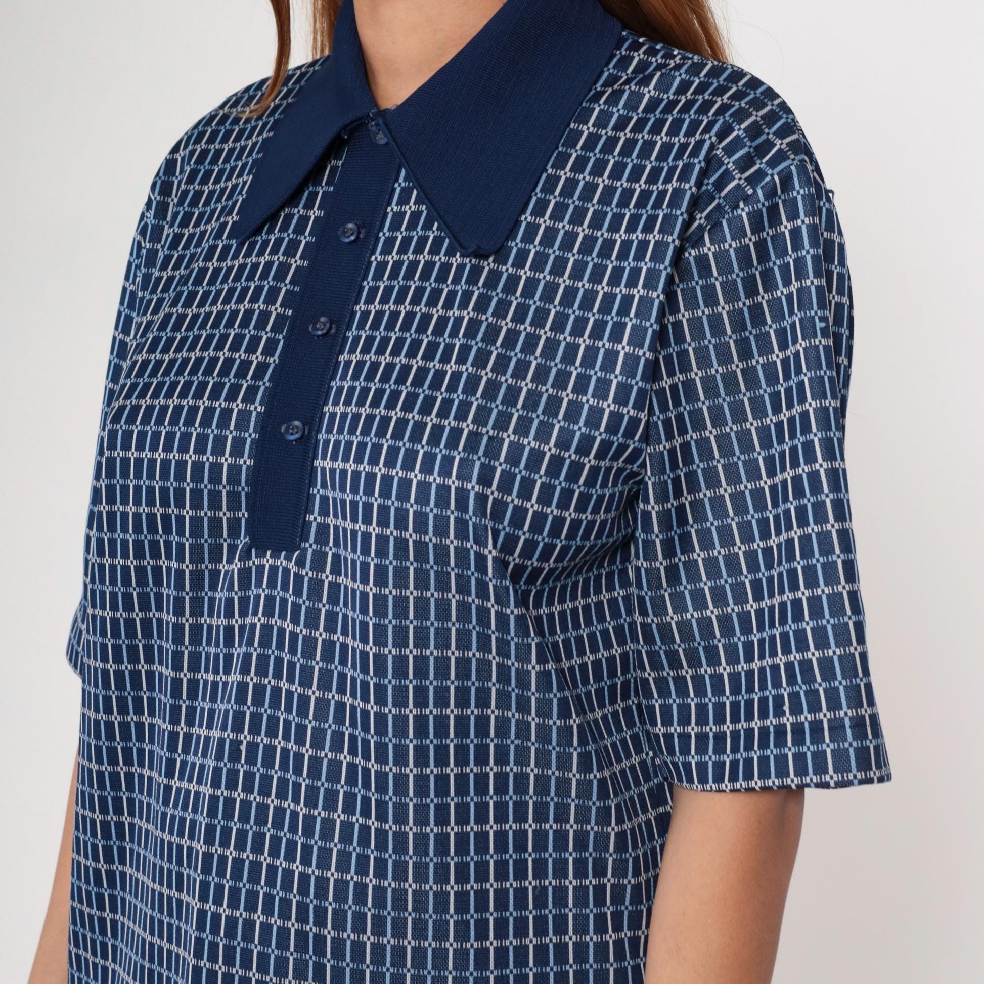 70s Leonardo Strassi Navy Grid Pattern Polo Shirt Short Sleeve Large L