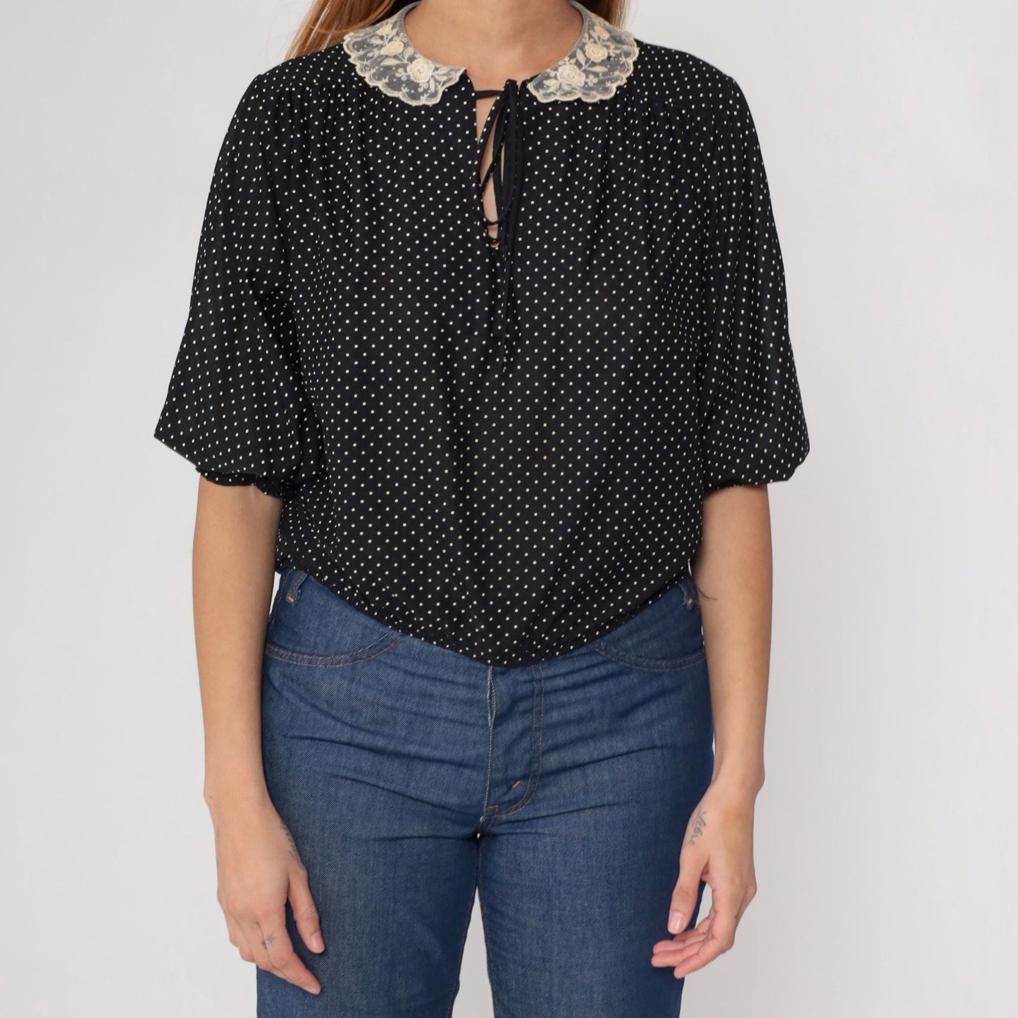 70s Black White Polka Dot Puff Sleeve Blouse Peter Pan Lace Collar Small