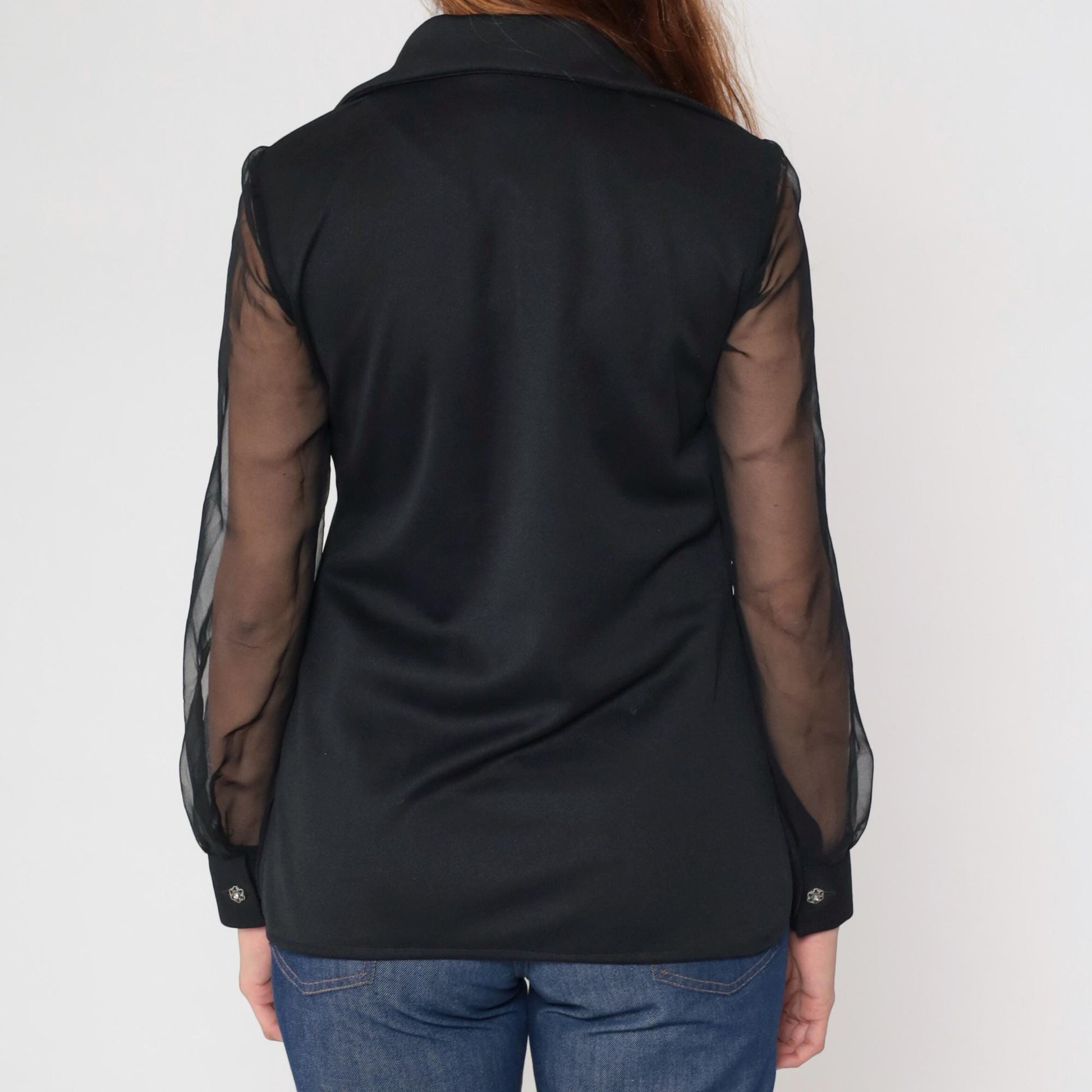 70s George Original California Black Chiffon Blouse Pointed Collar Long Sleeve Small