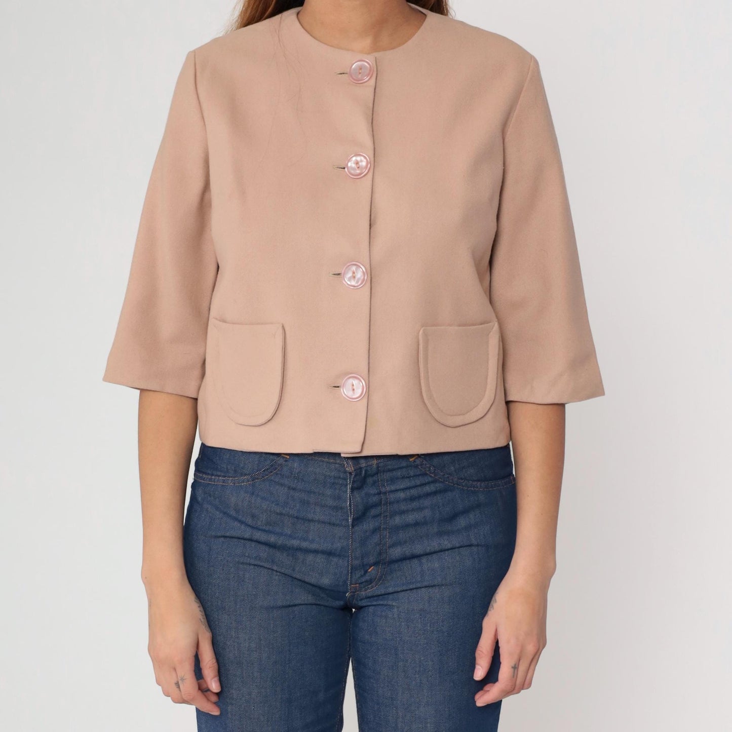 60s Beige Wool Cropped Jacket Pink Buttons Round Neck Short Sleeve Small S