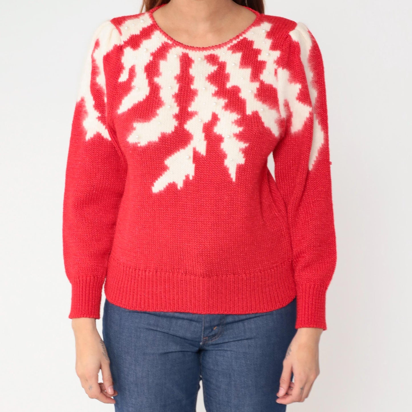 80s Petite Illustrations Red Knit Sweater Pearl Snowflake Puff Shoulder Small