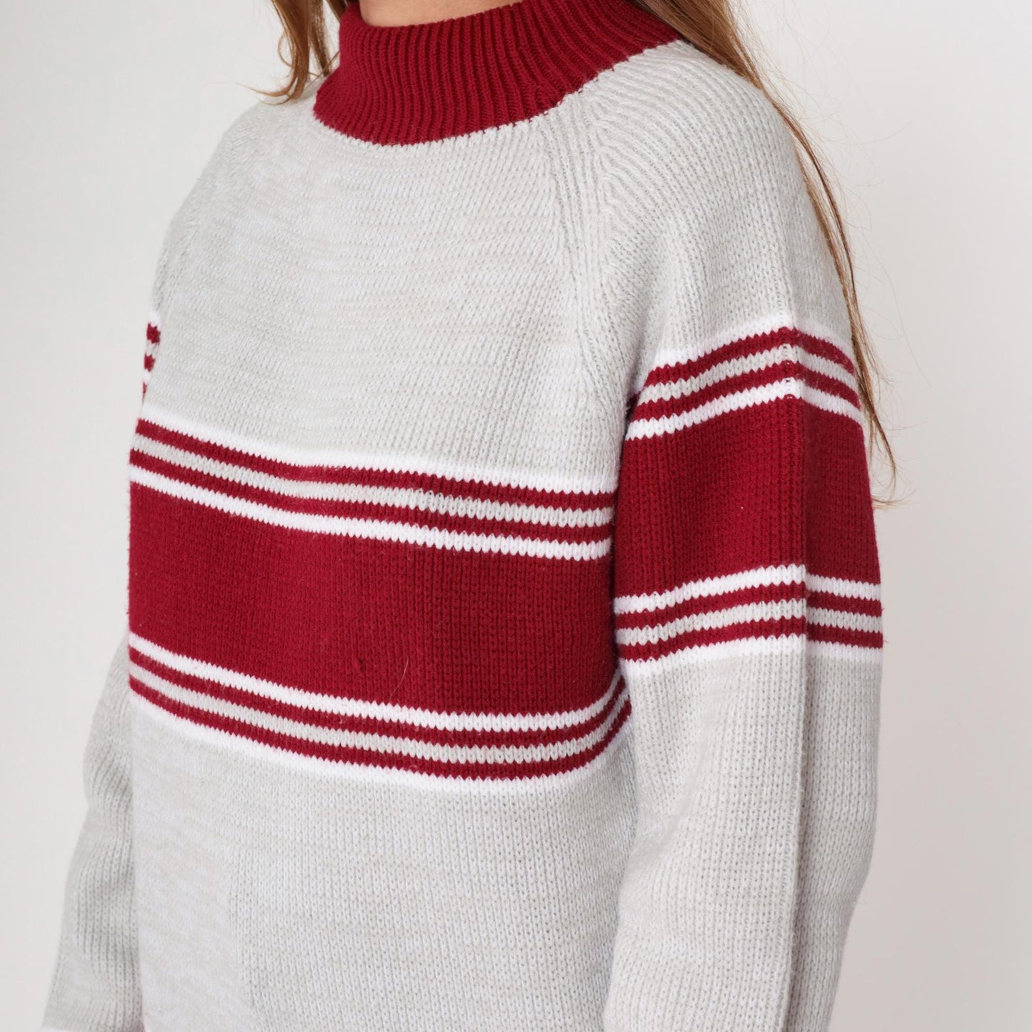 70s Craig Noble Mock Neck Sweater Red Grey Stripe Knit Medium