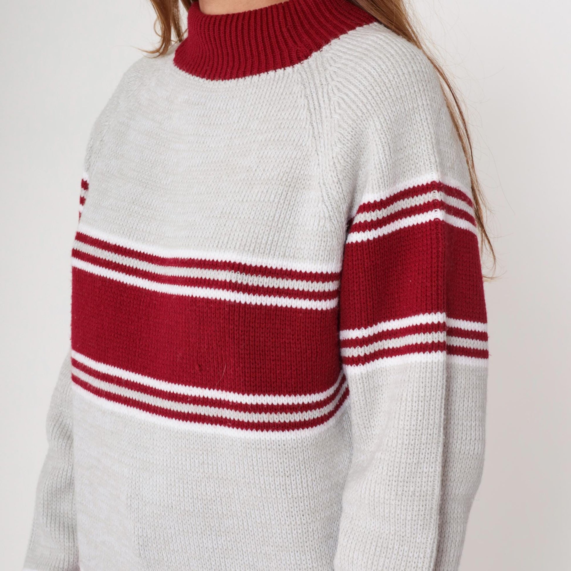 70s Craig Noble Mock Neck Sweater Red Grey Stripe Knit Medium