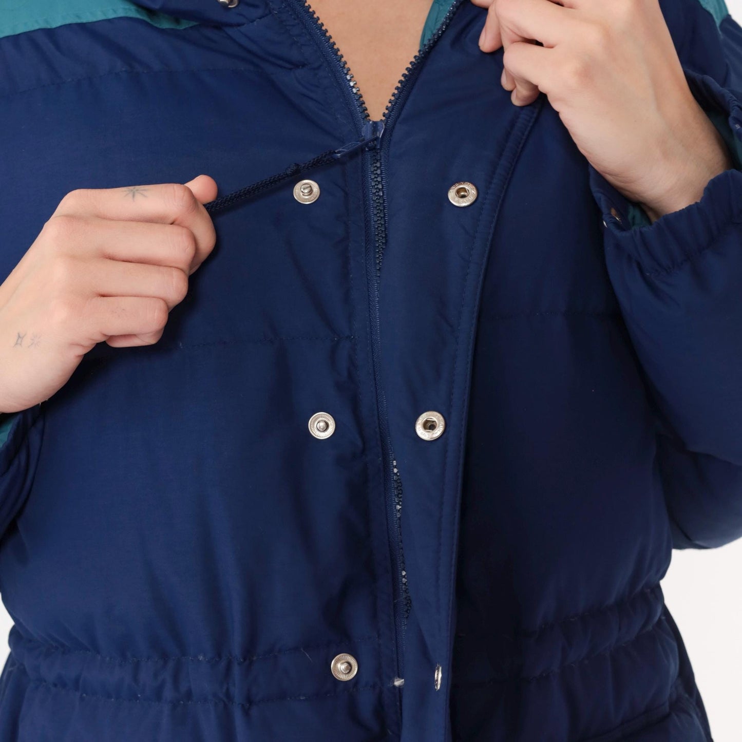 Y2K REI Goose Down Puffer Jacket Navy Teal Colorblock Hooded Extra Large XL