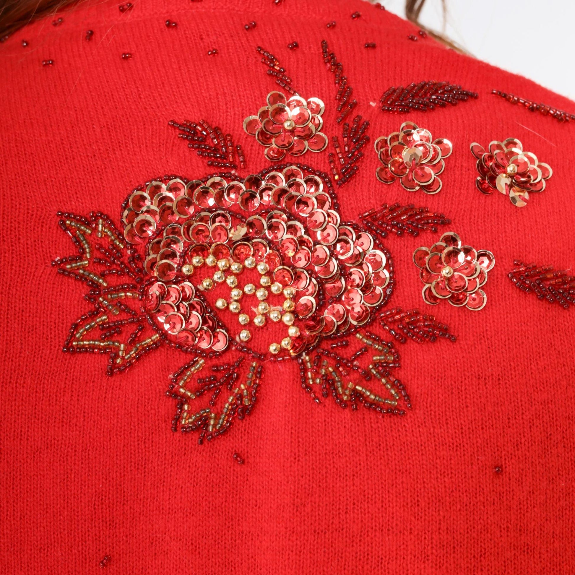 90s Red Beaded Floral Cardigan Wool Angora Blend Button Up Sequin Knitwear Large L