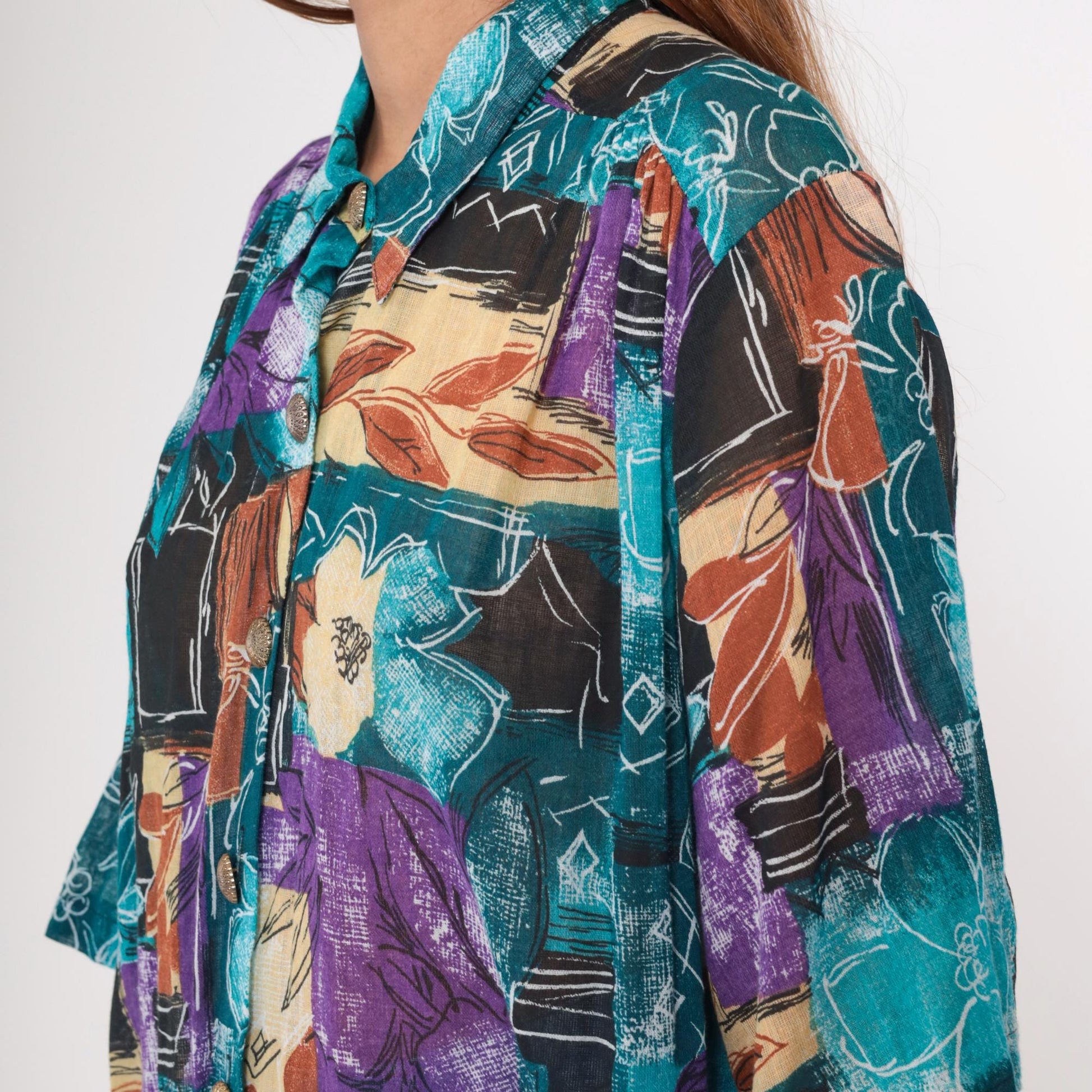 90s Joanna Abstract Watercolor Floral Button Down Blouse Teal Purple Extra Large