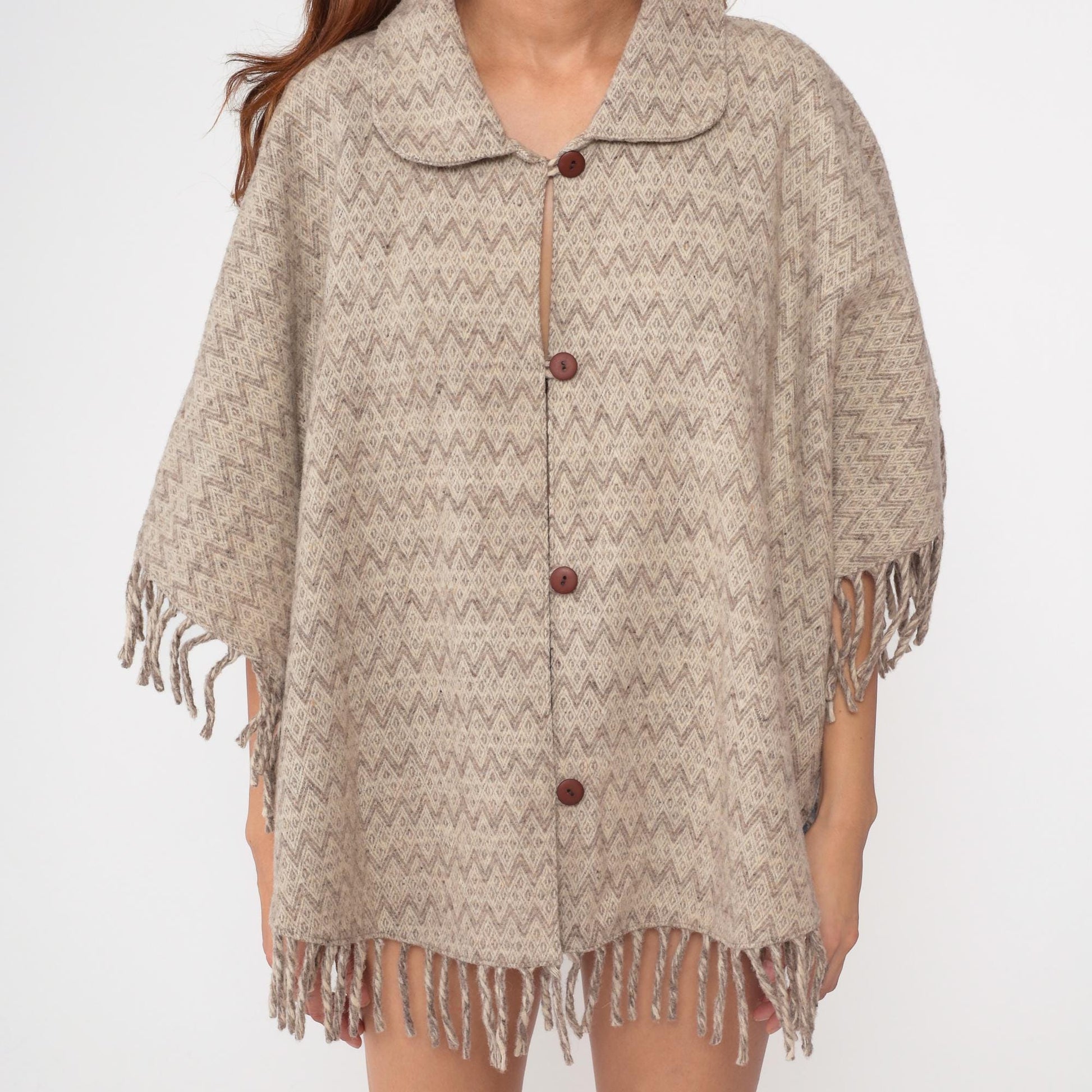 70s Wool Poncho Beige Brown Chevron Fringe Button Collar Cape One Size