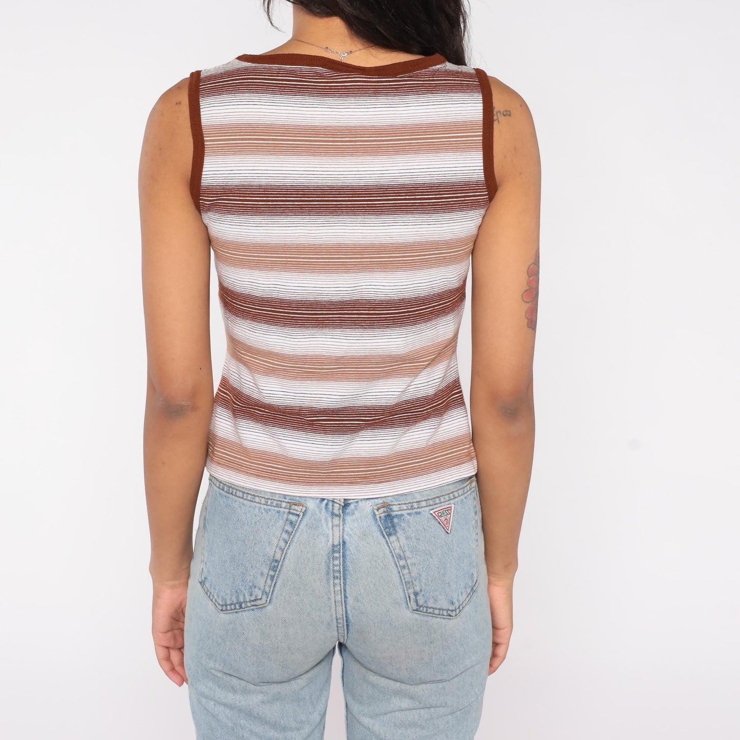 70s Brown Striped Tank Top V Neck Knit Fitted Shirt Small S