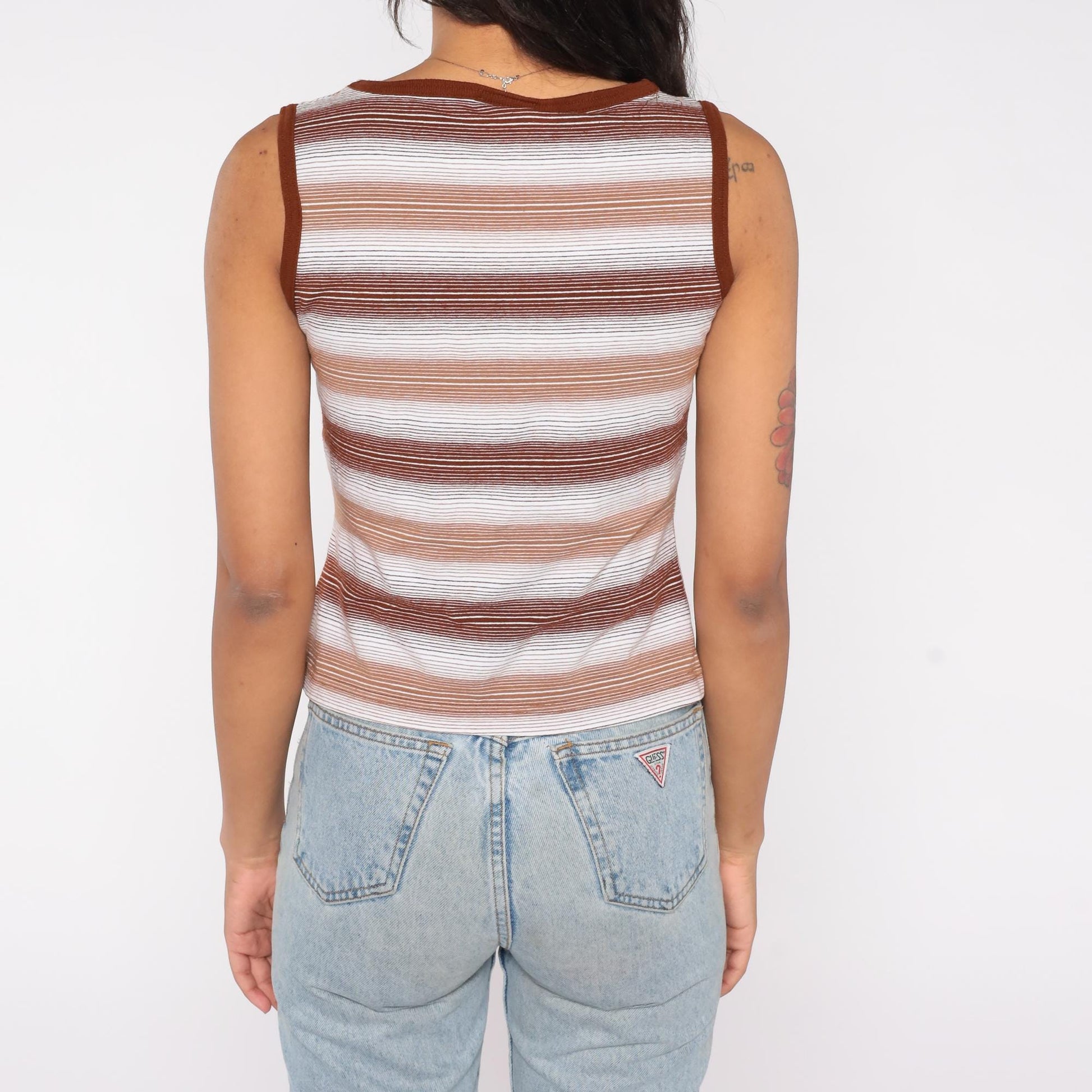 70s Brown Striped Tank Top V Neck Knit Fitted Shirt Small S