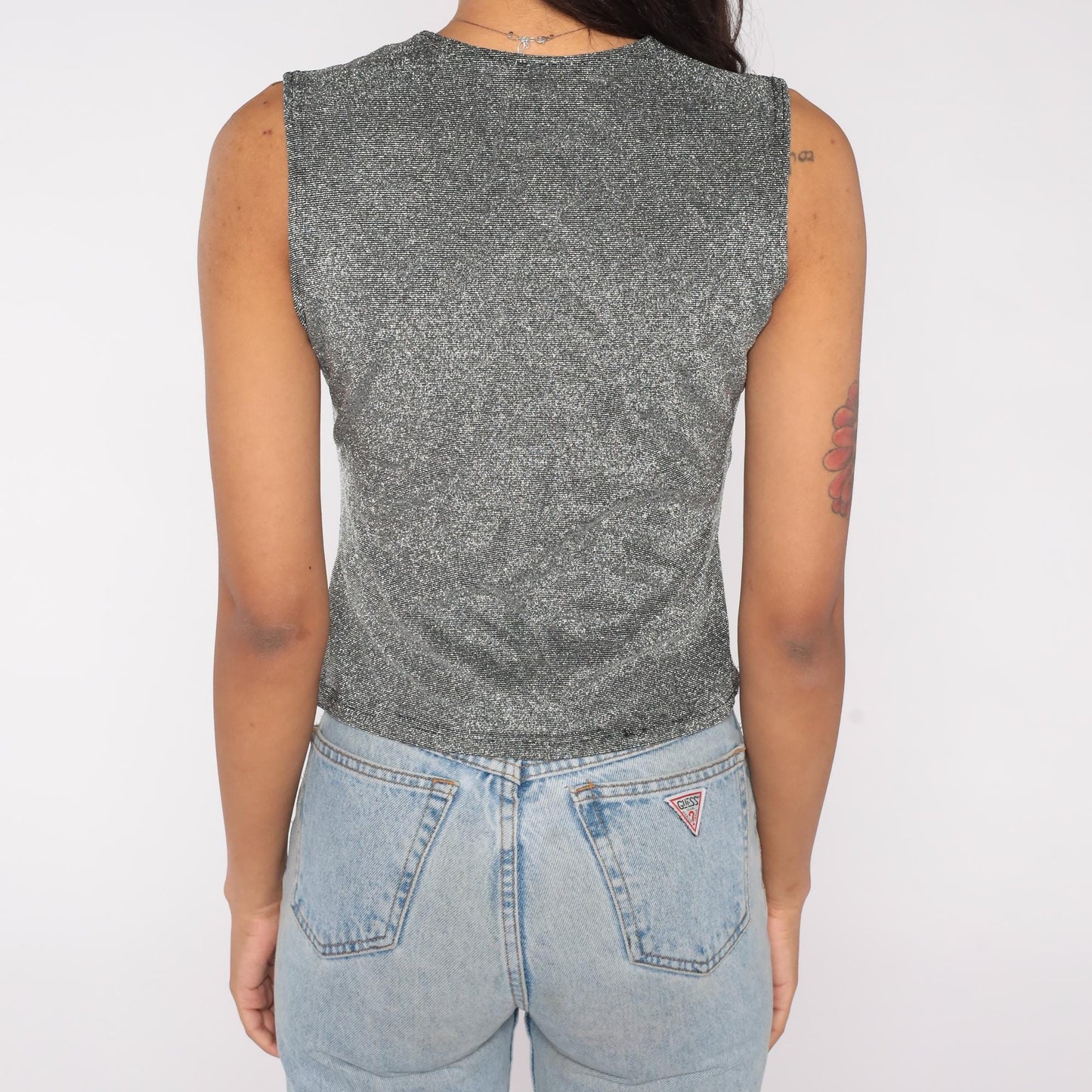 90s Jaipur Metallic Silver Wrap Tank Top Sparkle Lurex Large L