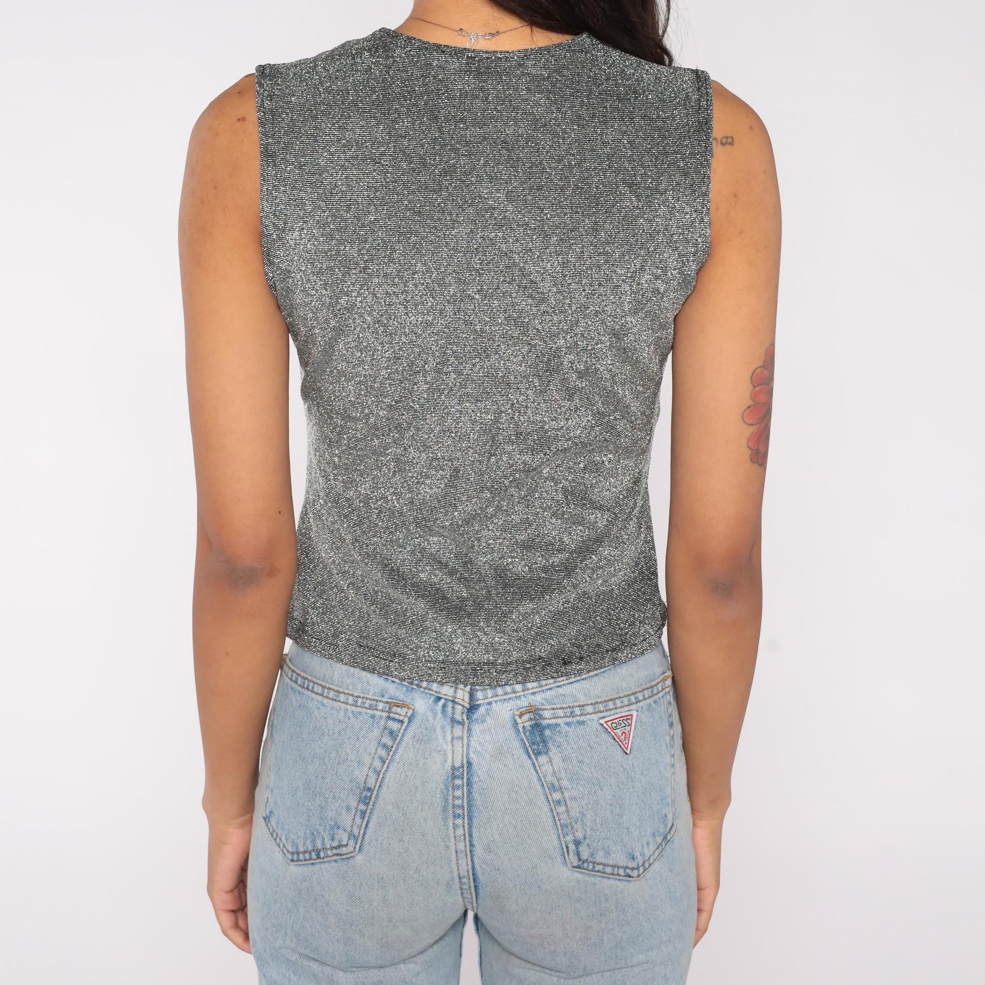 90s Jaipur Metallic Silver Wrap Tank Top Sparkle Lurex Large L