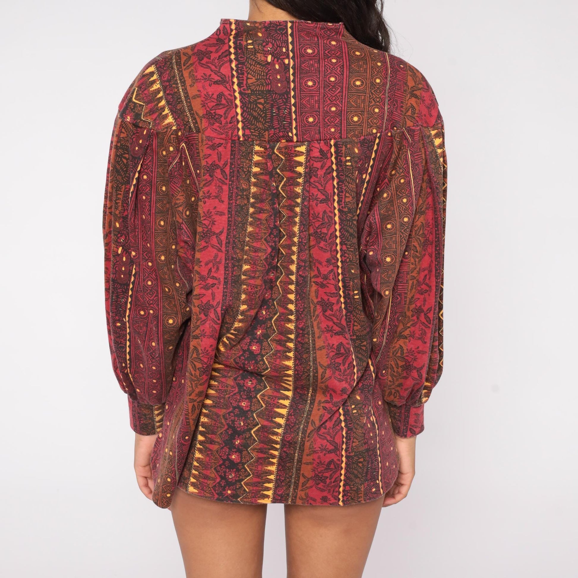90s Mike & Me Moon Craft Burgundy Geometric Tribal Button Up Blouse One Size