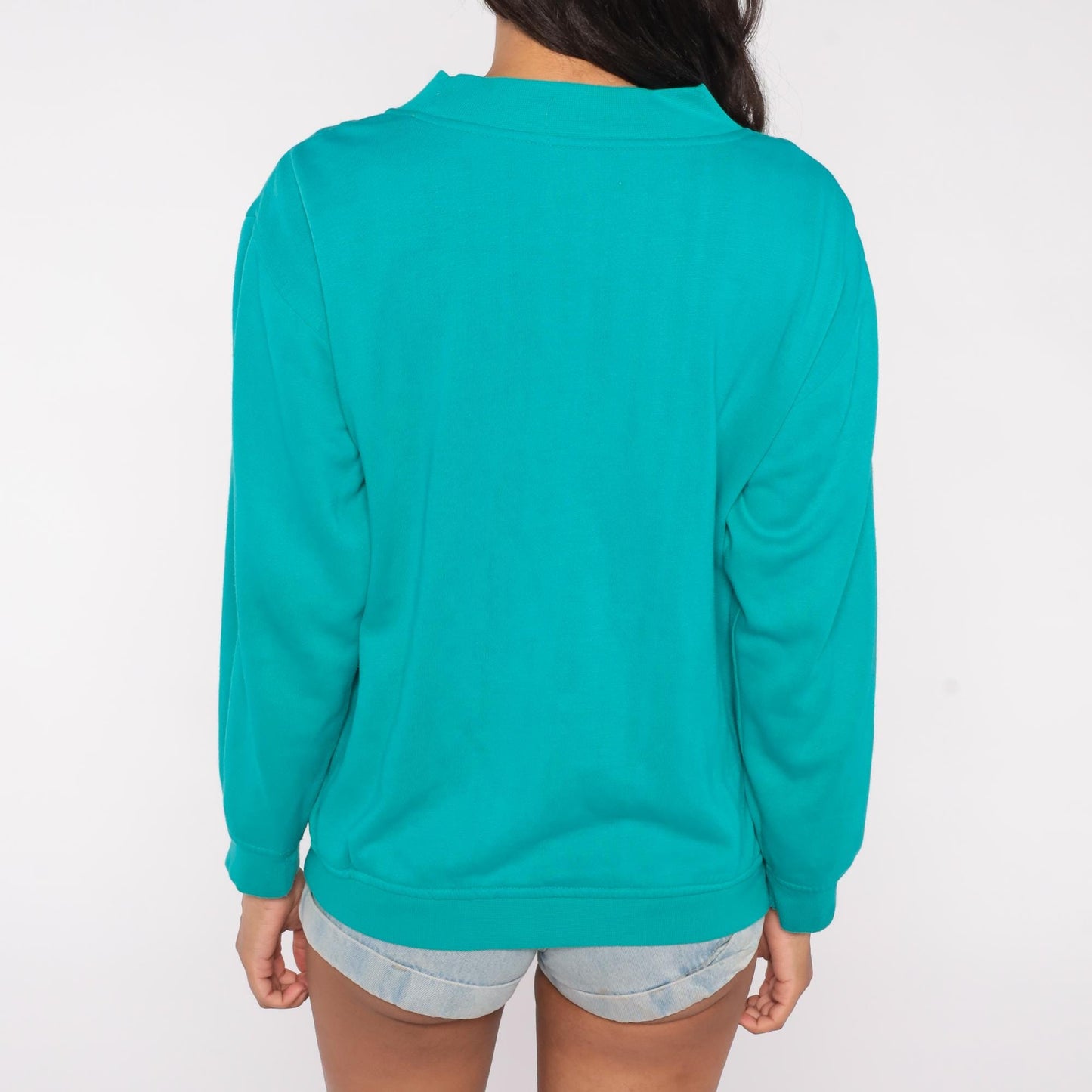 90s Teal Sweatshirt Bow Applique Mock Neck Pullover Medium M