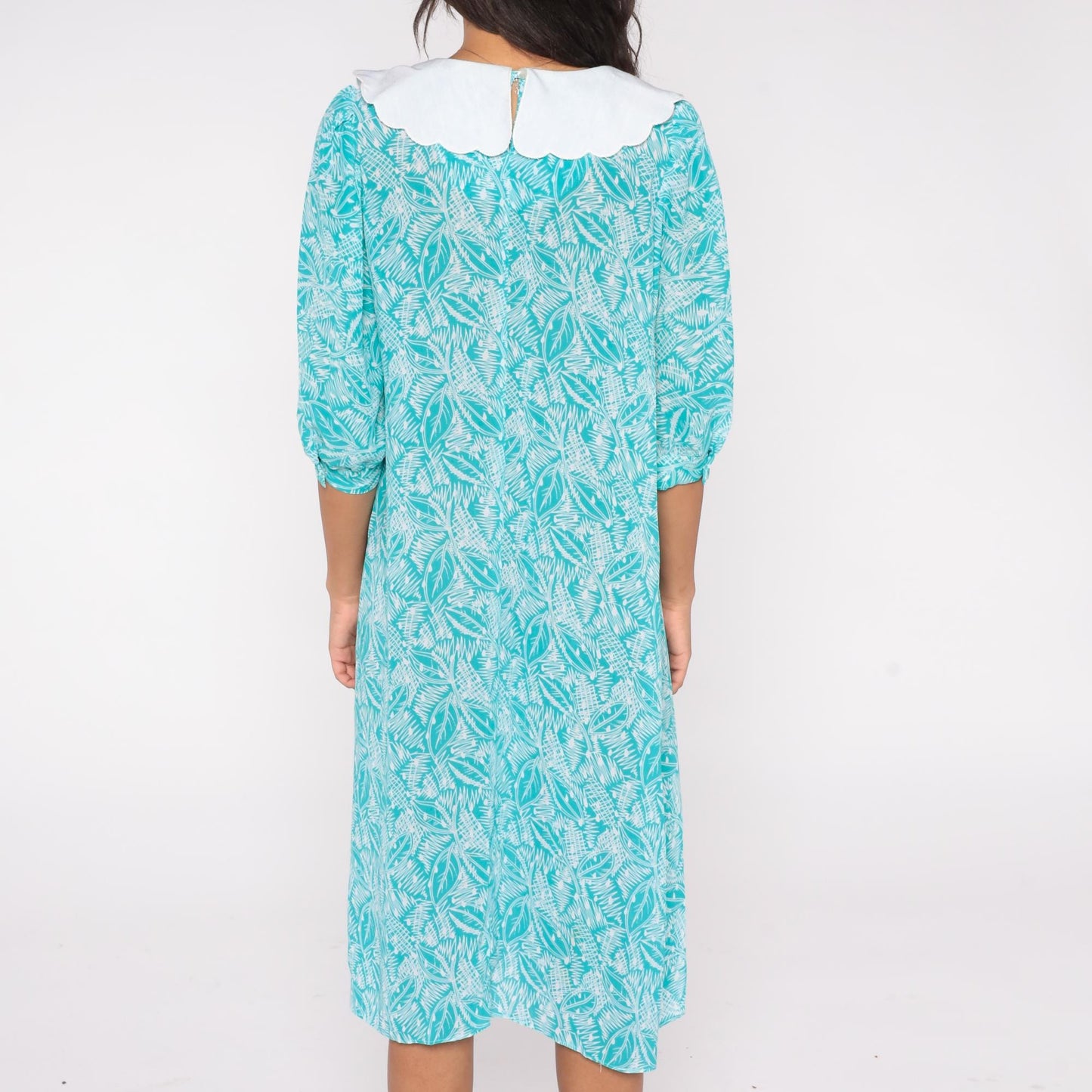 80s Kathryn & Co Leaf Print Midi Dress Teal Peter Pan Collar Puff Sleeve Medium